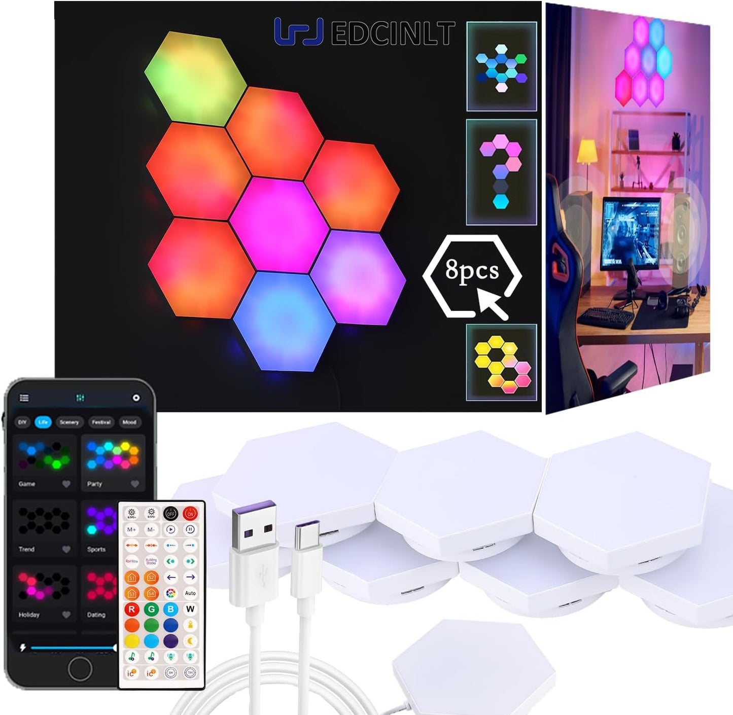 Smart Hexagon Lights DIY Hexagon Led Light App & Remote Controlled & Music Sync Features USB & Type C Modern RGB Wall Panels for Living & Gaming Decor (8Pack)
