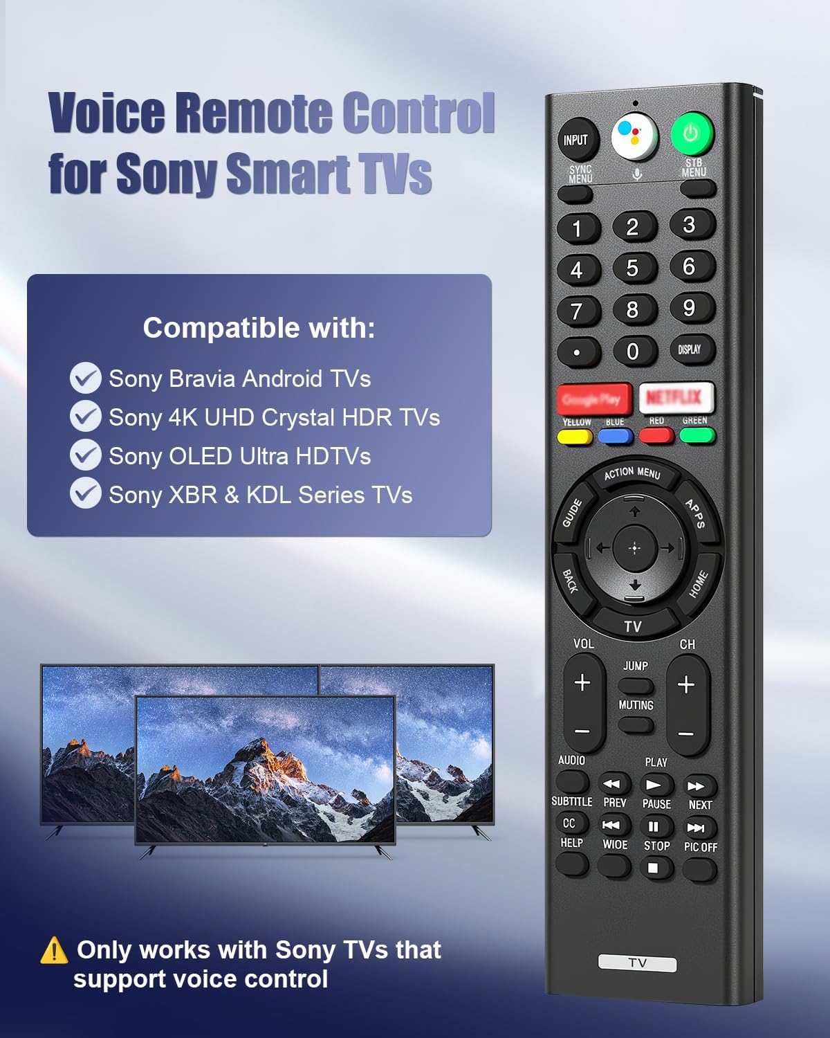 Universal Voice Replacement Remote Control for Sony Bravia TVs, Compatible with All Sony 4K UHD LED LCD HD Smart TVs, 2-Year Warranty