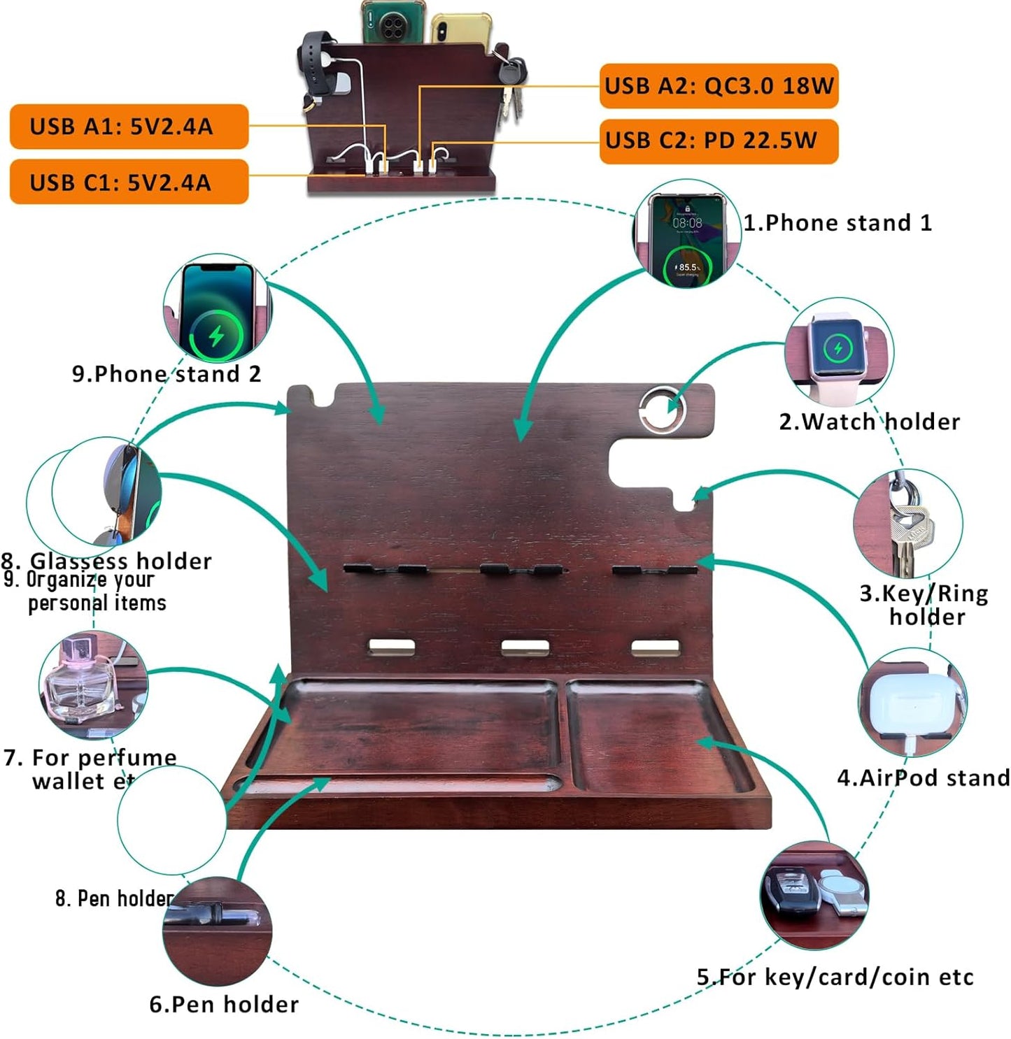 Wood Phone Docking Station for Men Nightstand Organizer Charger with 4 USB PD & QC3.0 Fast Charging Station for Multiple Devices iPhone Samsung Google Android Anniversary Birthday Gifts for Him