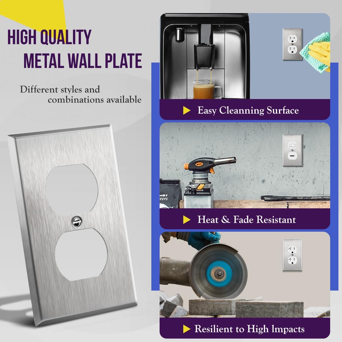 ENERLITES Duplex Receptacle Metal Wall Plate, Stainless Steel Outlet Cover, Corrosion Resistant, Size 1-Gang 4.50" x 2.76", UL Listed, 7721, 430, Silver