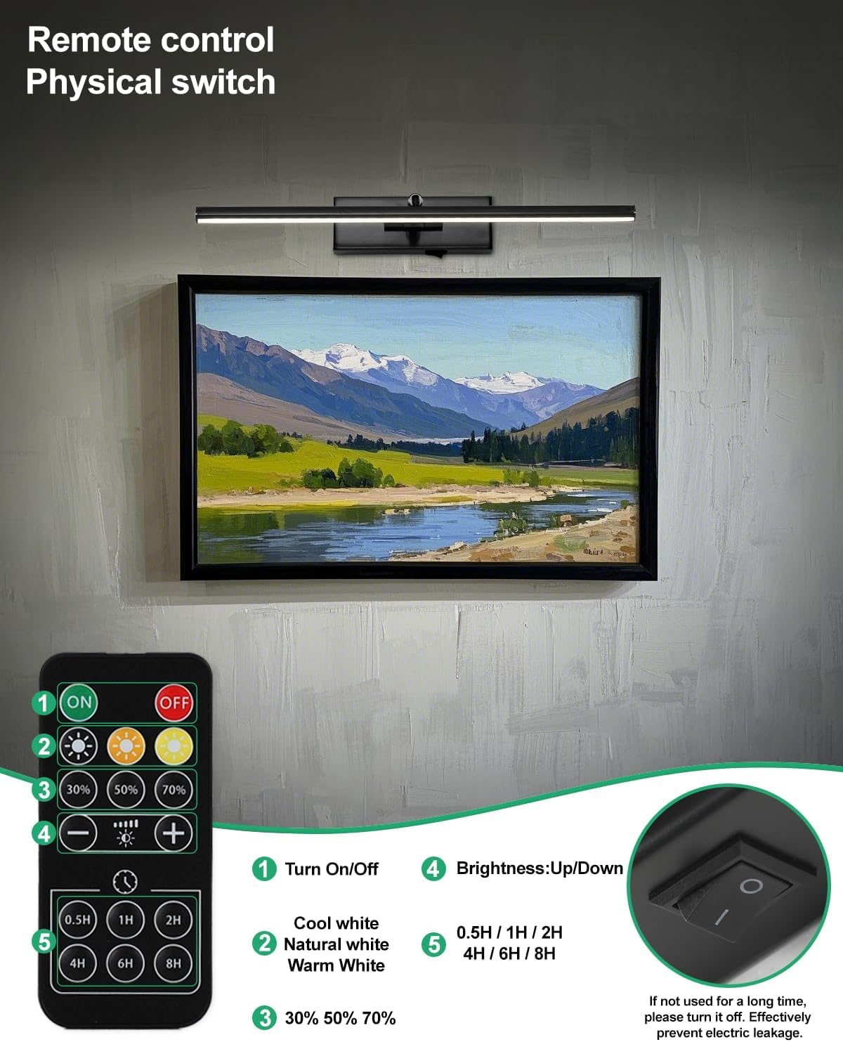 Battery Operated Picture Light with Wireless Remote 3CCT Dimmable Black Wall Art Lights for Paintings Rechargeable Home Decor Gallery Light 24’‘ Artwork Lighting for Canvas Timer Function
