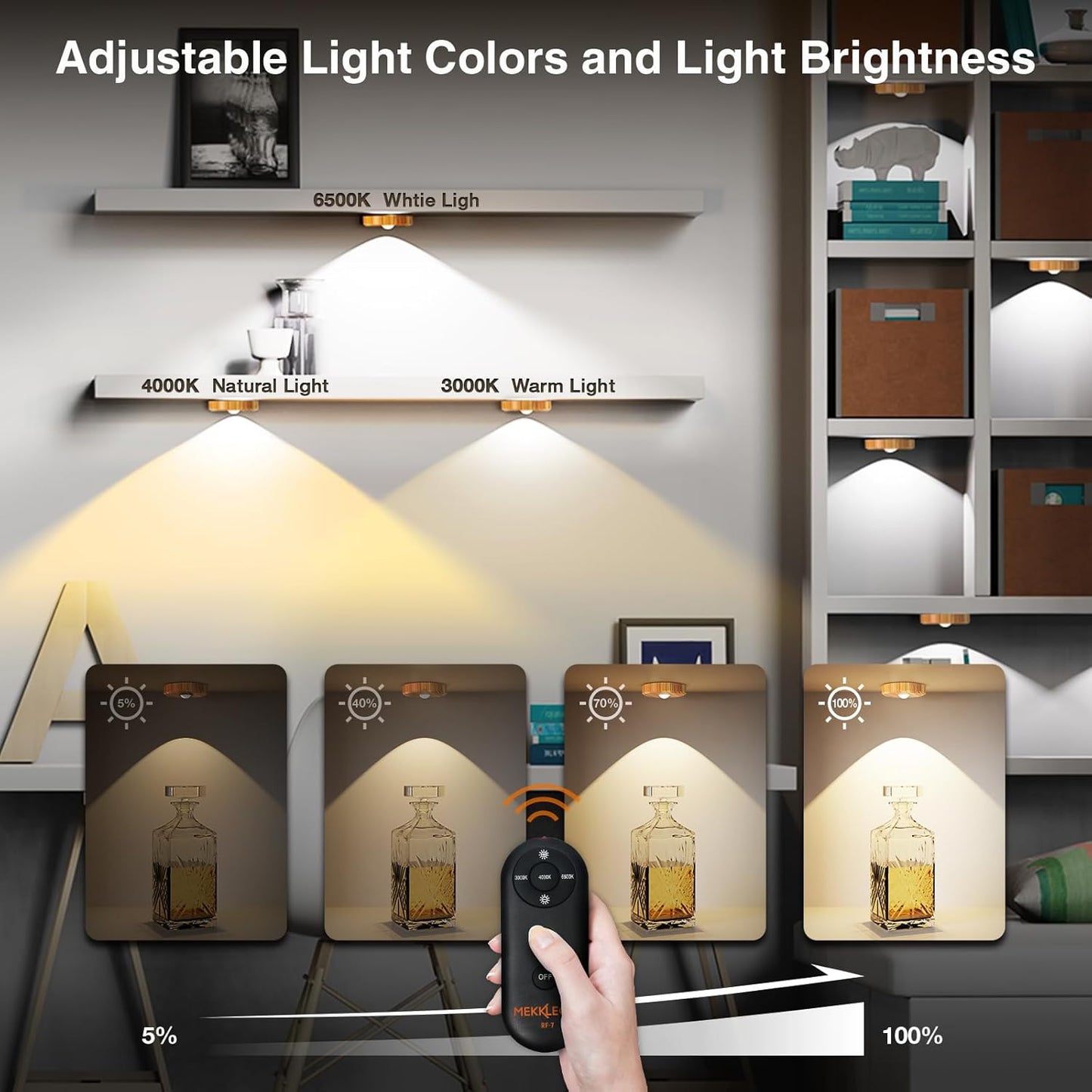 Puck Lights Cordless with Remote Control, 2200mAh Rechargeable Under Counter Lighting,3 Color Temperatures Dimmable Under Cabinet,Closet Light,Tap Light for Hallway (Wood, 5PCS)