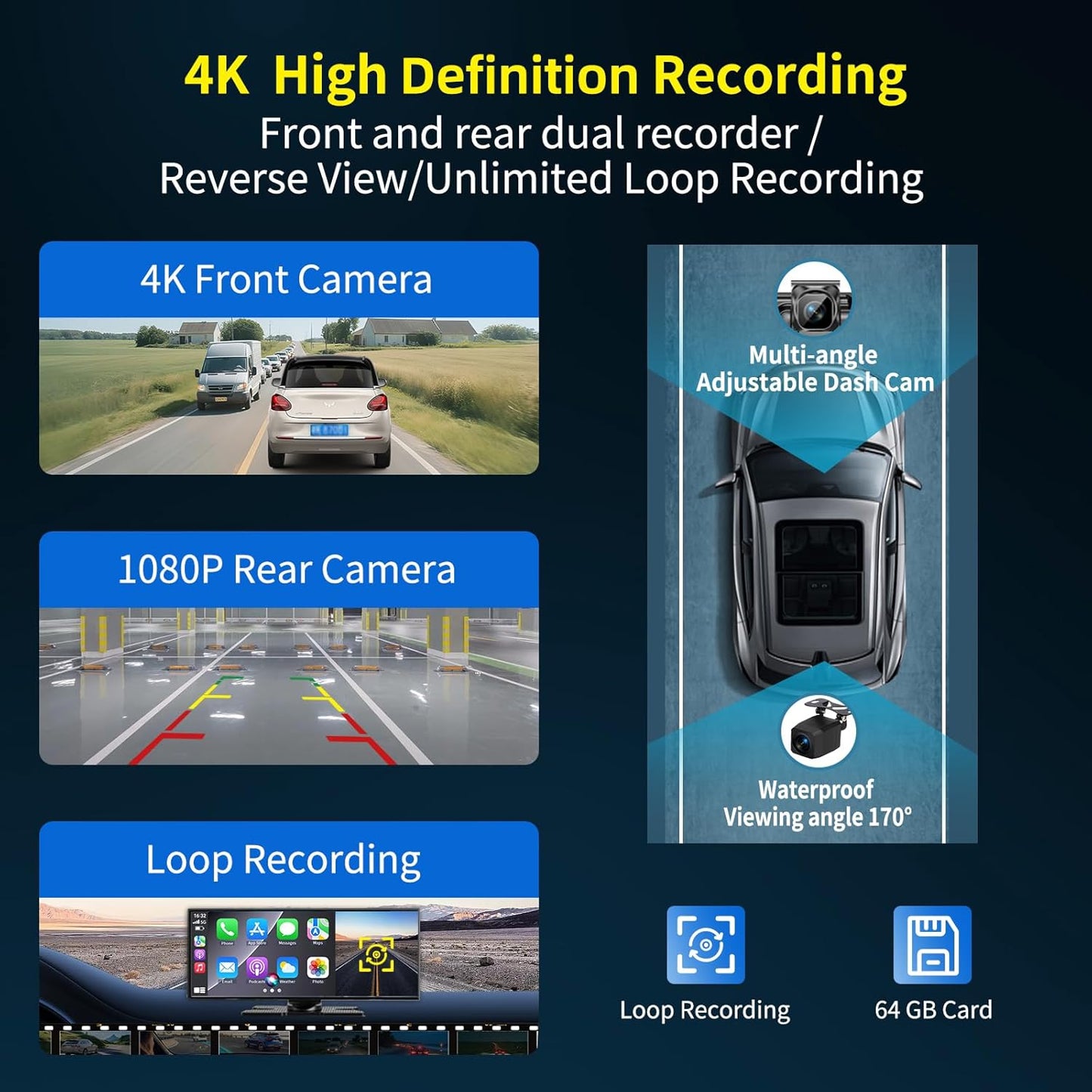 Largest 11.5 inch Wireless CarPlay Screen for Car, A-pple CarPlay & Android Auto HD Touchscreen with 4K Dash Cam/1080P Backup Camera/Navigation/Bluetooth/Voice Control/FM/Mirror Link,for All Vehicles