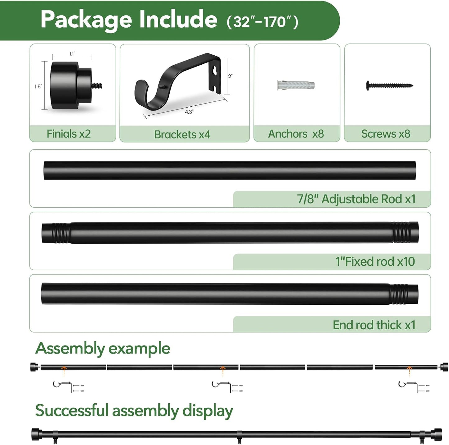 Time Forest Curtain Rods for Windows 32 to 170, 1 Inch Adjustable Black Heavy Duty Long Window Outdoor Curtain Rod for Patio, Modern Drapery Rods with Simple End Caps, Size 32"-170"