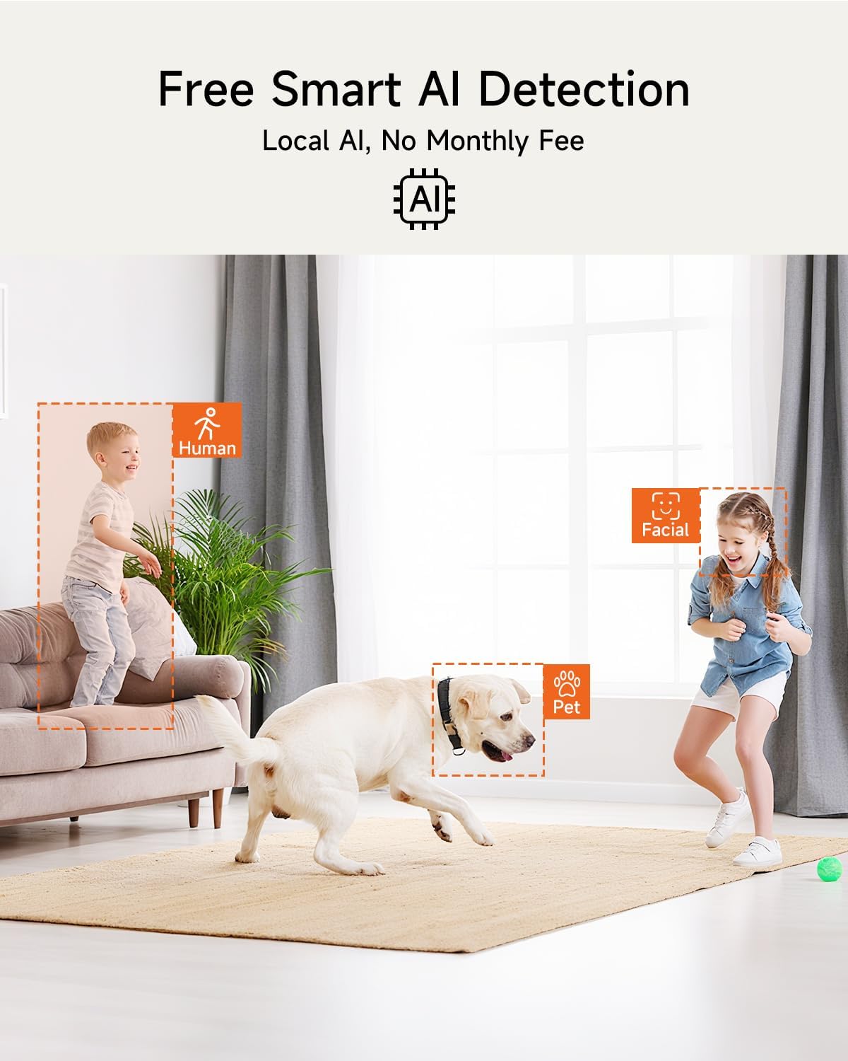 Smart 3K Indoor Dome Security Camera with AI Human/Pet/Facial Detection, 360° Pan-Tilt Coverage, 2-Way Audio, 2.4GHz 5GHz Dual-Band Wi-Fi - Includes 64GB SD Card & No Subscription Needed