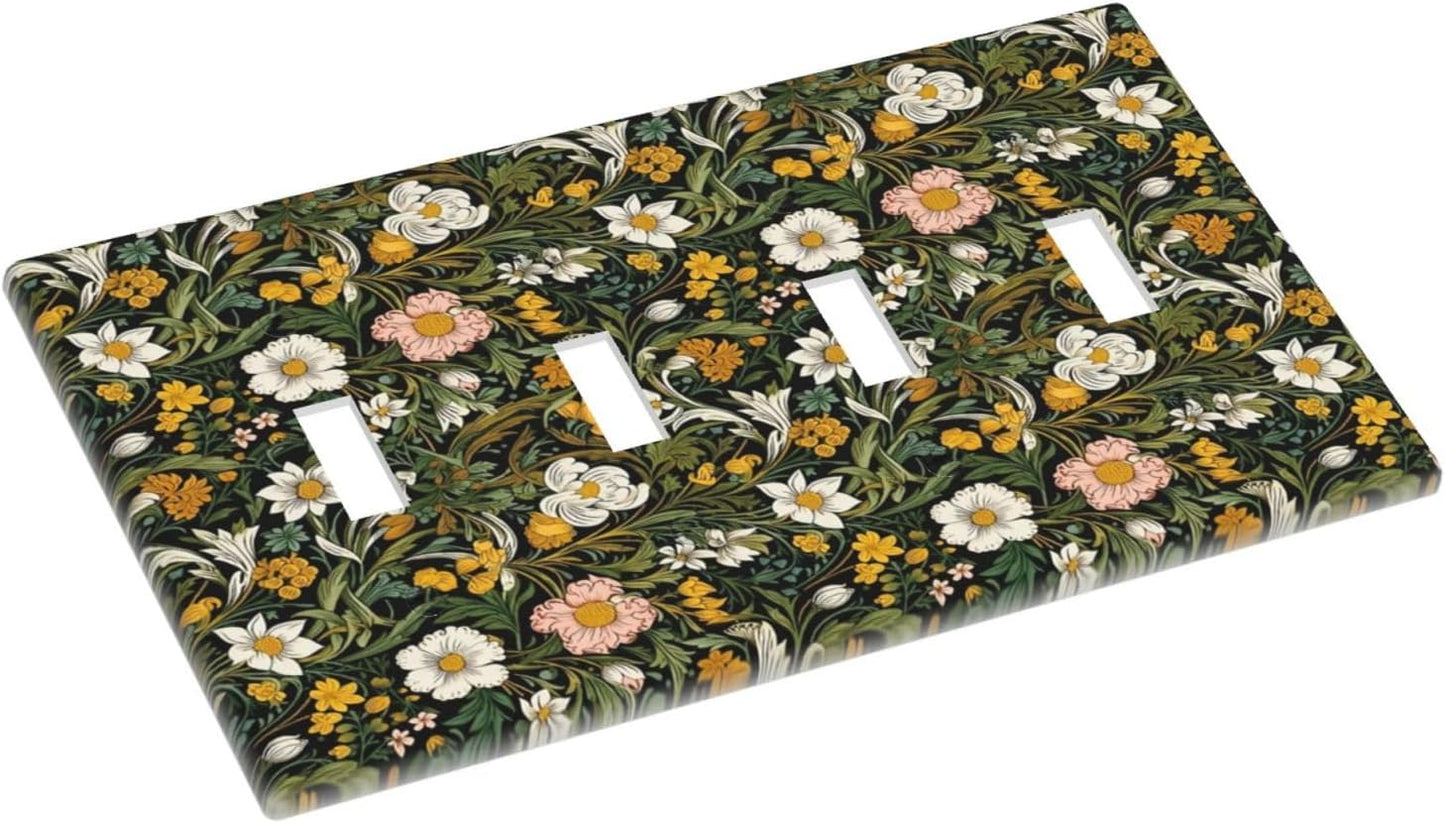 Decorative Light Switch Plate Covers Rustic Green Leaf White Daisy Yellow Floral 4 Gang Light Switch Cover Plate Quad Toggle Wall Plate Outlet Covers Faceplate for Bedroom Home Decor