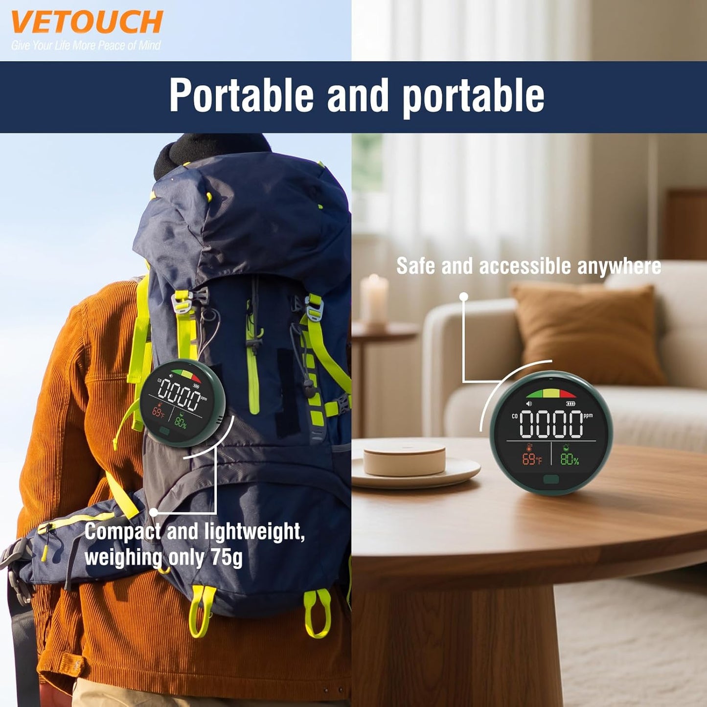 Portable Carbon Monoxide Detector with Digital Display, ±5ppm High Accuracy, 5-Year Sensor Life, Type-C Charging, 150+ Hours Battery Rechargeable CO Monitor for Home, RV & Travel