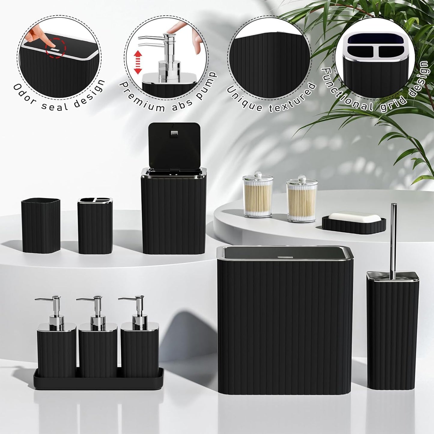 Bathroom Accessory Set - Bathroom Set, 12PC Bathroom Accessories Set, Black Bathroom Accessories Set, Mini Trash Can, Toilet Brush, Trash Can & Soap Dispenser
