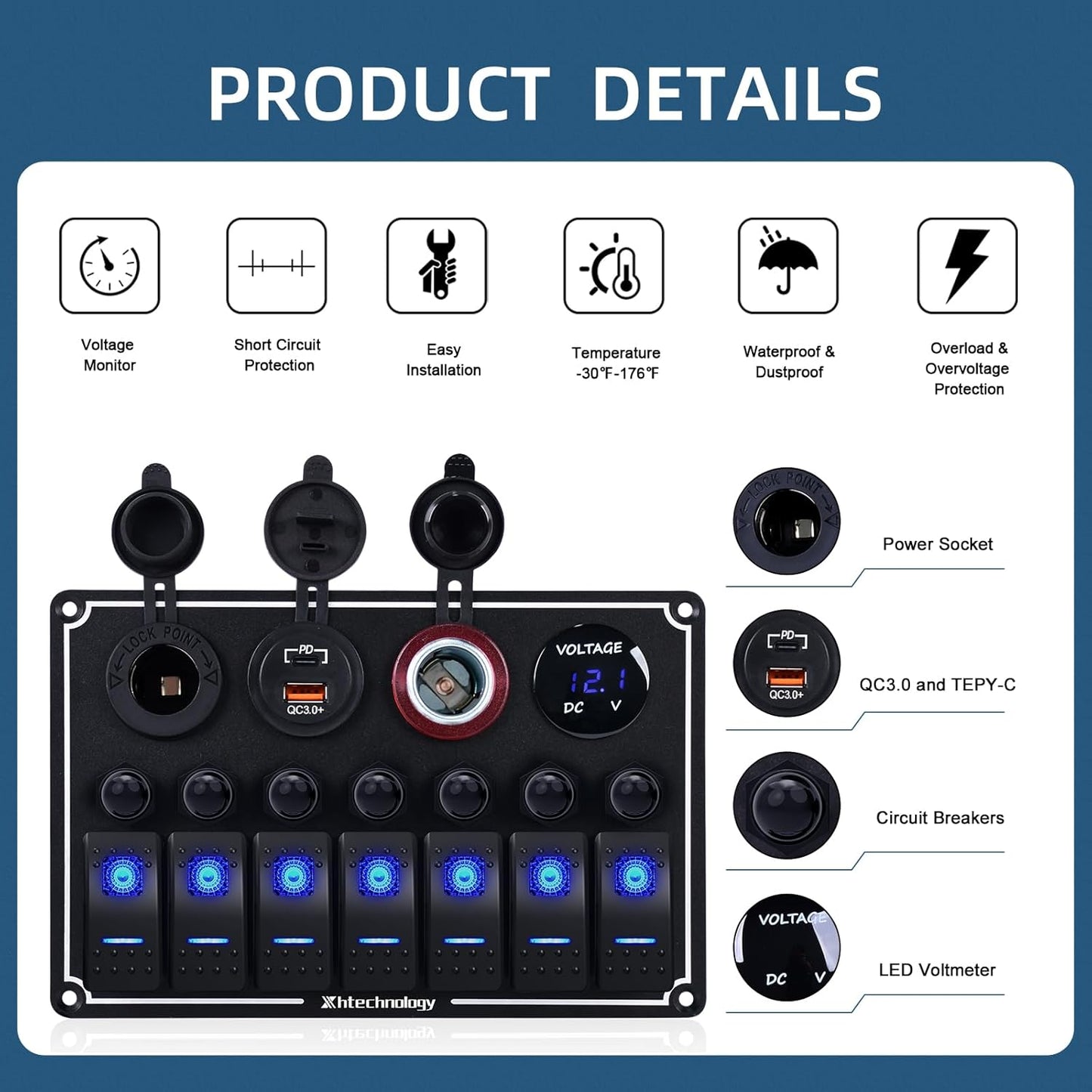7 Gang Marine Boat Switch Panel with Dual USB Charger & Voltmeter, Waterproof Aluminum Rocker Switch Panel for Marine Automotive Truck RV Trailer with Lighter Socket Press Protector, 12/24V Black