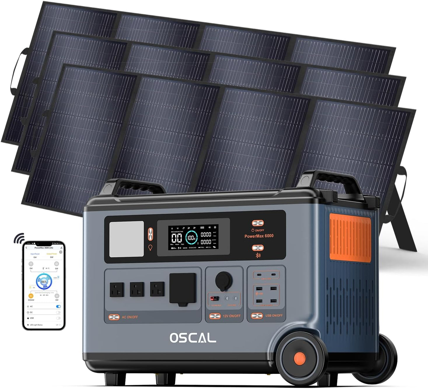 OSCAL PowerMax 6000 Power Station with 3×400W Solar Panel, 120V/240V Split Phase Voltage 6000W AC Outlets (9000W Peak), 2200W AC Charging/2400W Solar Charging, Emergency for Home, Battery Backup Bank