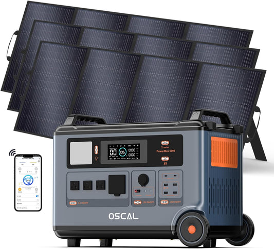 OSCAL PowerMax 6000 Power Station with 3×400W Solar Panel, 120V/240V Split Phase Voltage 6000W AC Outlets (9000W Peak), 2200W AC Charging/2400W Solar Charging, Emergency for Home, Battery Backup Bank