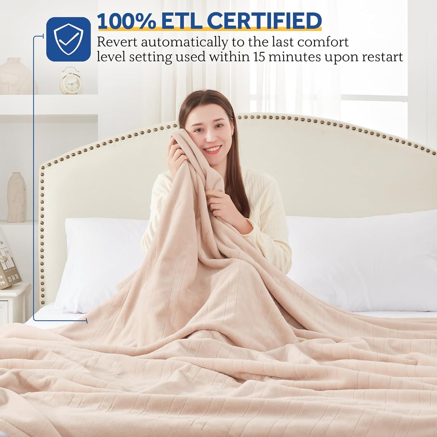 Sealy Electric Blanket Queen Size, Flannel Heated Blanket with 10 Heating Levels & 1-12 Hours Auto Shut Off, Fast Heating Warm Blanket, Machine Washable, Beige, 84 x 90 Inch