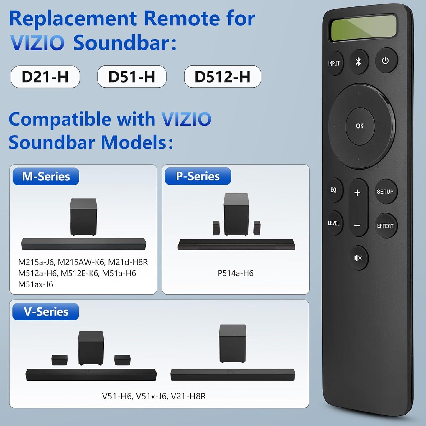 for VIZIO-Soundbar-Remote-Replacement，Backlit Display Remote for Home Theater Sound Bar，D21-H D51-H D512-H for VIZIO M/V/P Series Home Audio Sound System