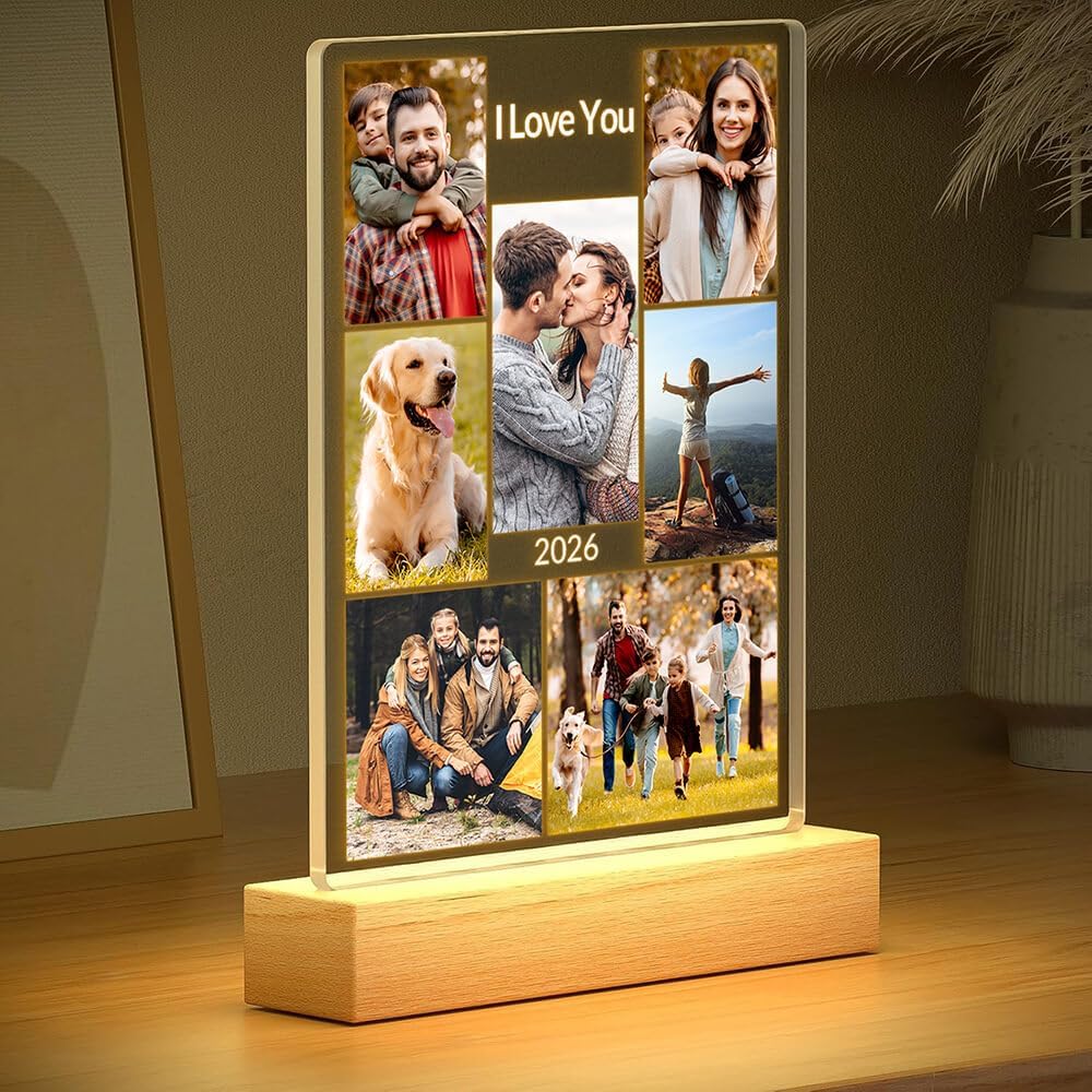 Custom Picture Frame with Photo, Customized Picture Frames with Night Light, Personalized Photo Frame, Personalized Valentines Day Gifts for Women Men Her Him Mom Dad Family
