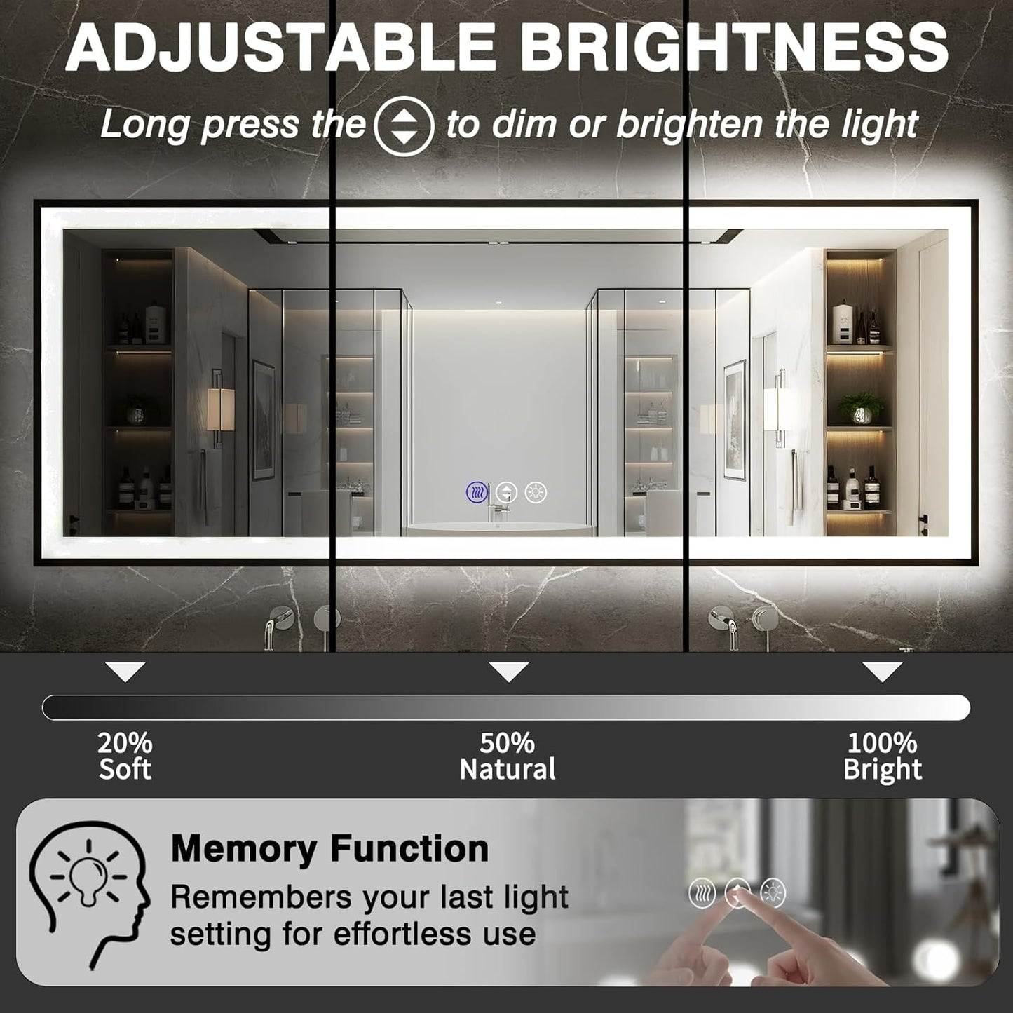 24x36 Bathroom LED Mirror, Black Aluminum Edge Lighted Mirror, 3 Colors Stepless Dimmable Vanity Mirror, Skincare, Anti-Fog, Shatter-Proof, ETL Listed, Memory Smart Mirror(Horizontal/Vertical)