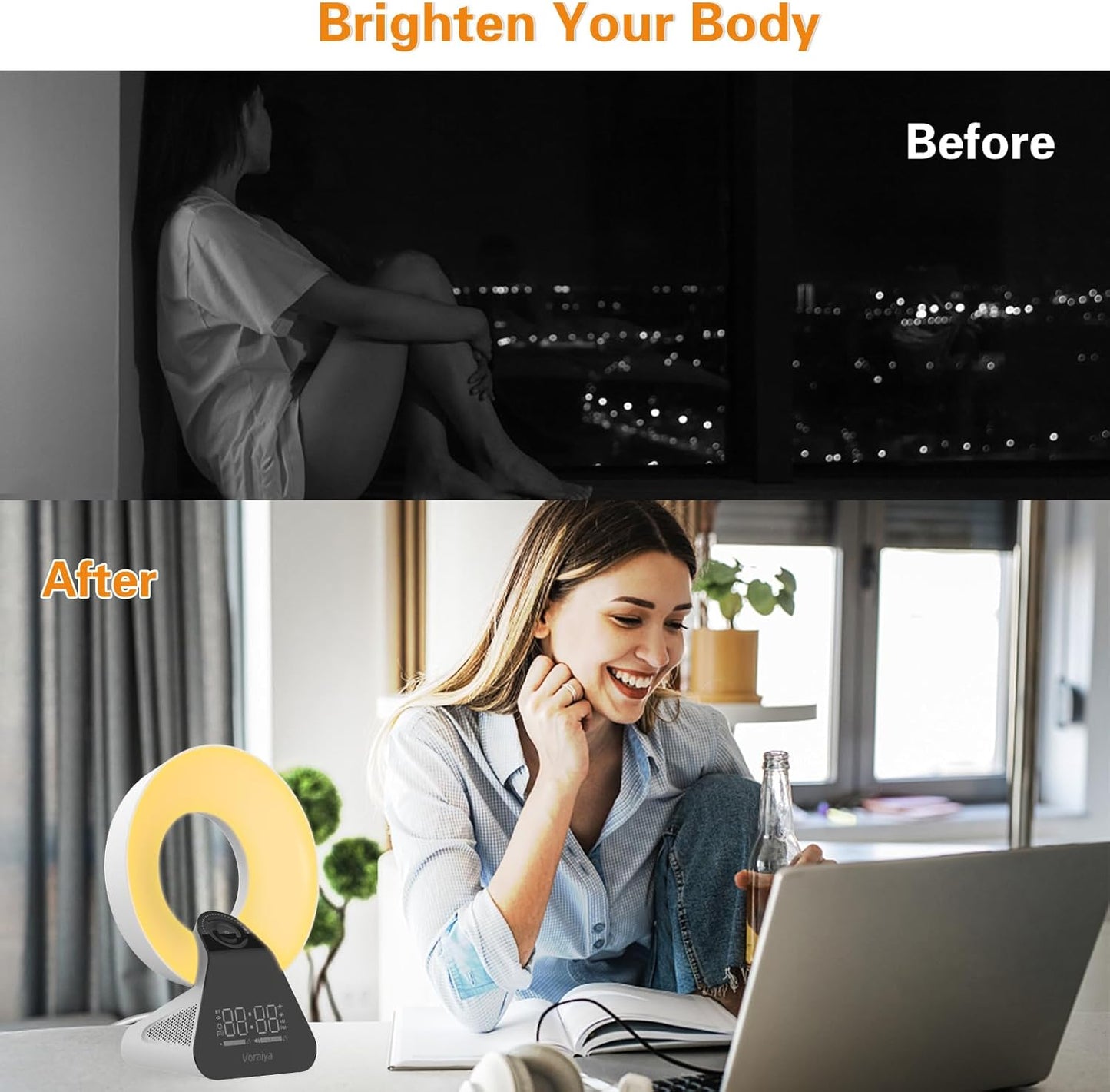 Voraiya Light Therapy Lamp 10000 Lux with Bluetooth, 8 White Noises, Dimmable Wake Up Light Sunrise Alarm Clock, 4 Timer Settings, Memory Function for Sensitive Sleepers and Home Office