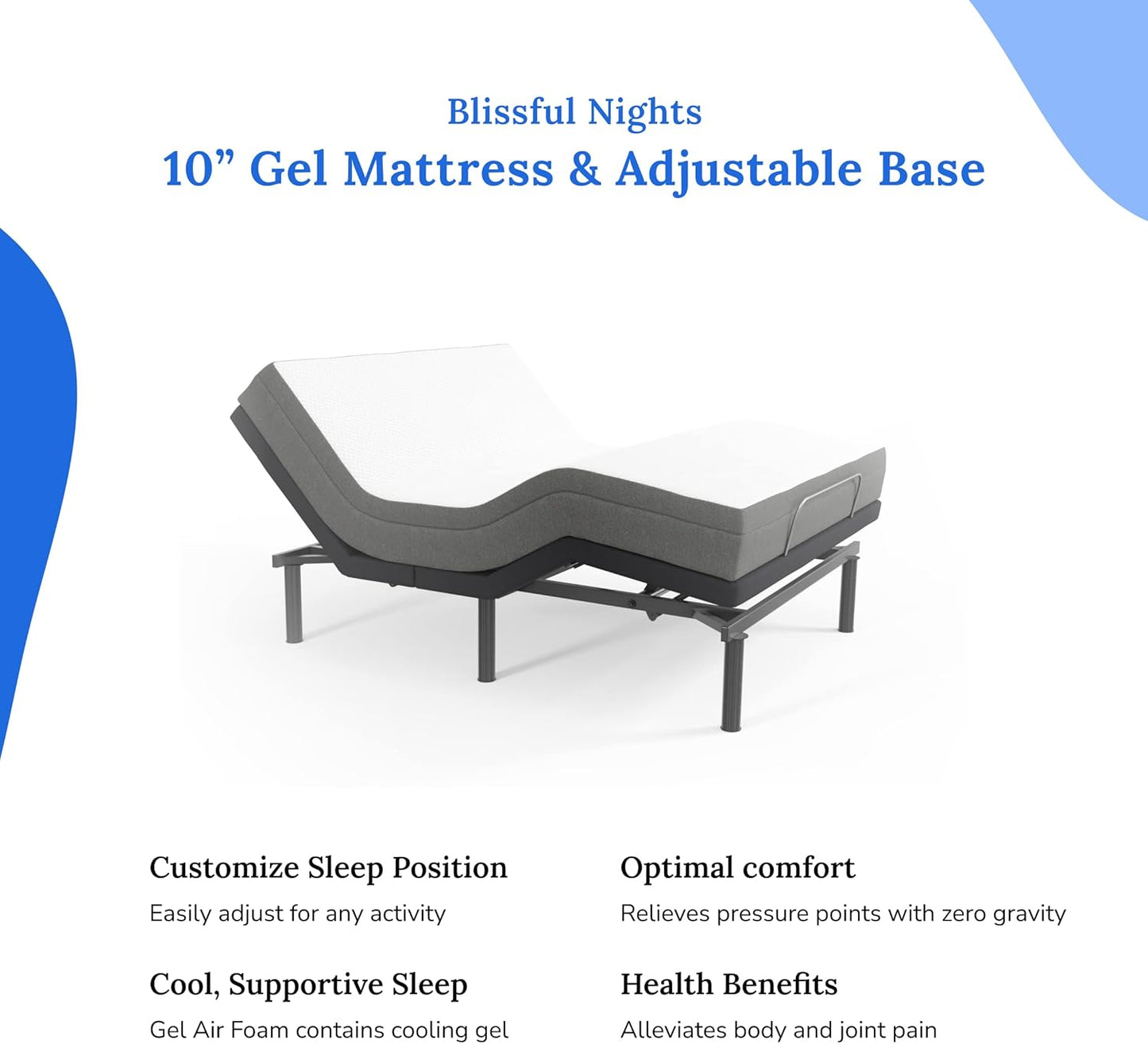 Blissful Nights e4 King Adjustable Bed Base Frame with 10" Medium Firm Gel Infused Memory Foam Mattress