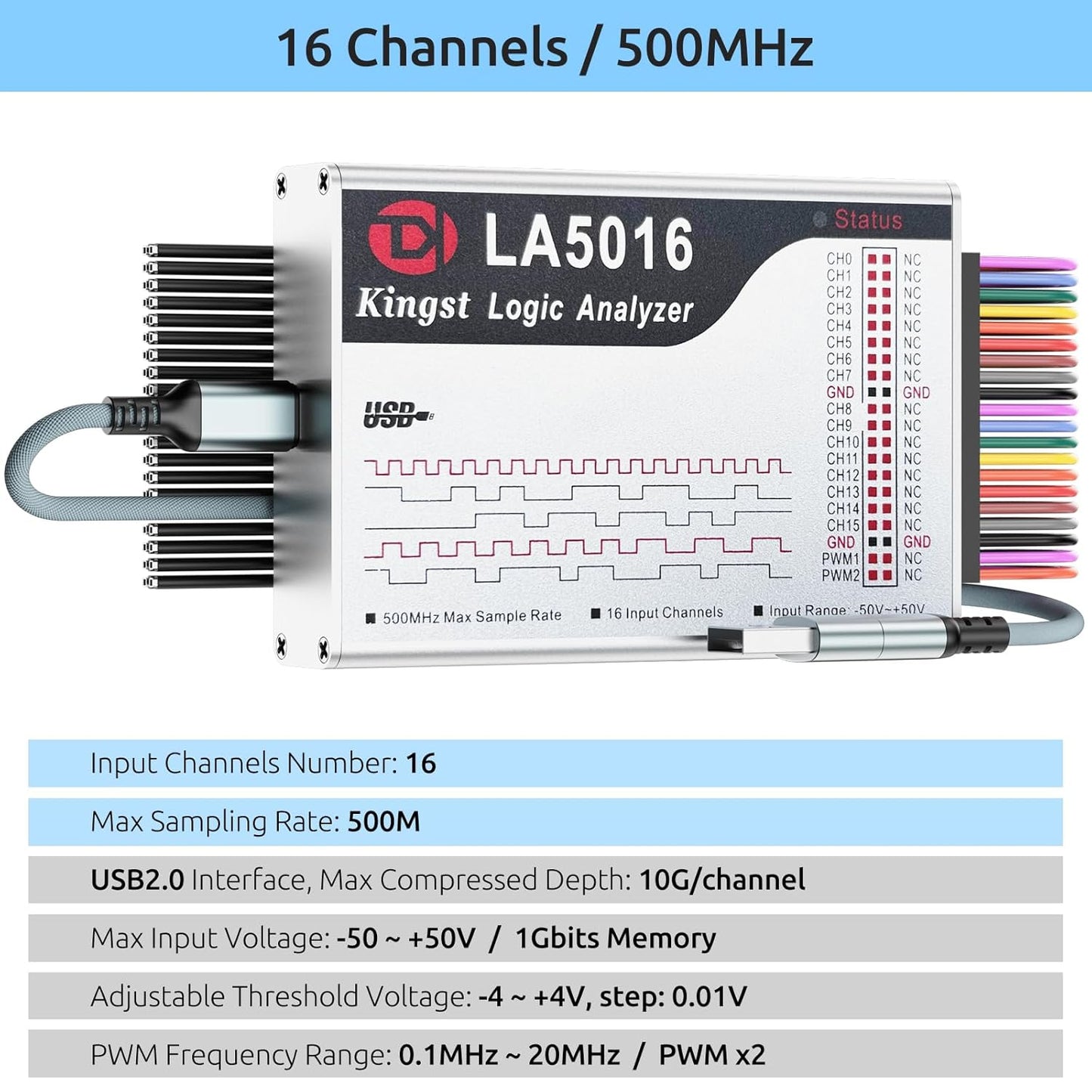 LA5016 USB Logic Analyzer - 16 Channels 500MS/s 10GB Depth PWM Generator, MCU ARM FPGA Debug Tool, English Software, Support for Windows, macOS, Linux