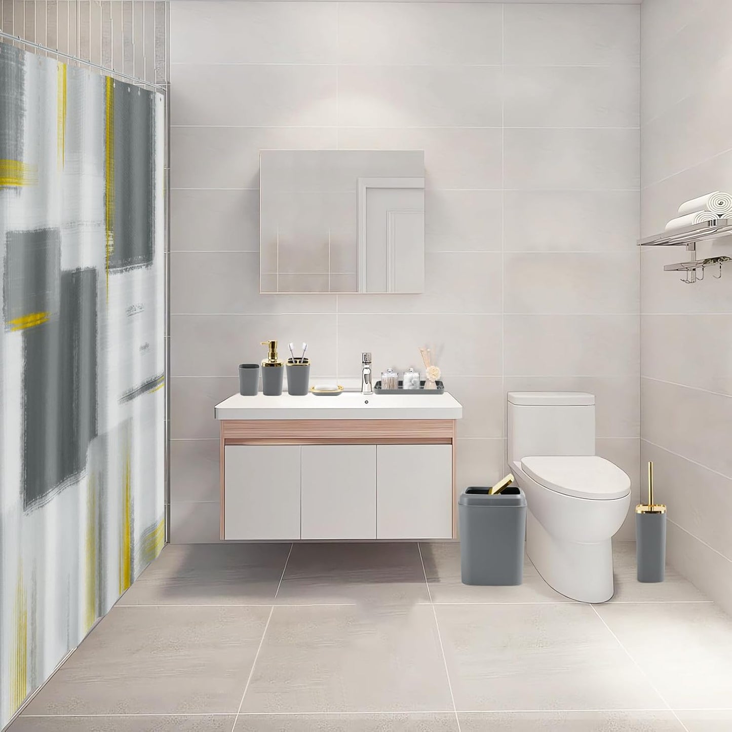 Grey Bathroom Accessories Set, Bathroom Sets with Shower Curtain, Grey Bathroom Accessories with Trash Can, Soap Dispenser, Soap Dish, Toilet Brush Holder, Qtip Holders for Bathroom