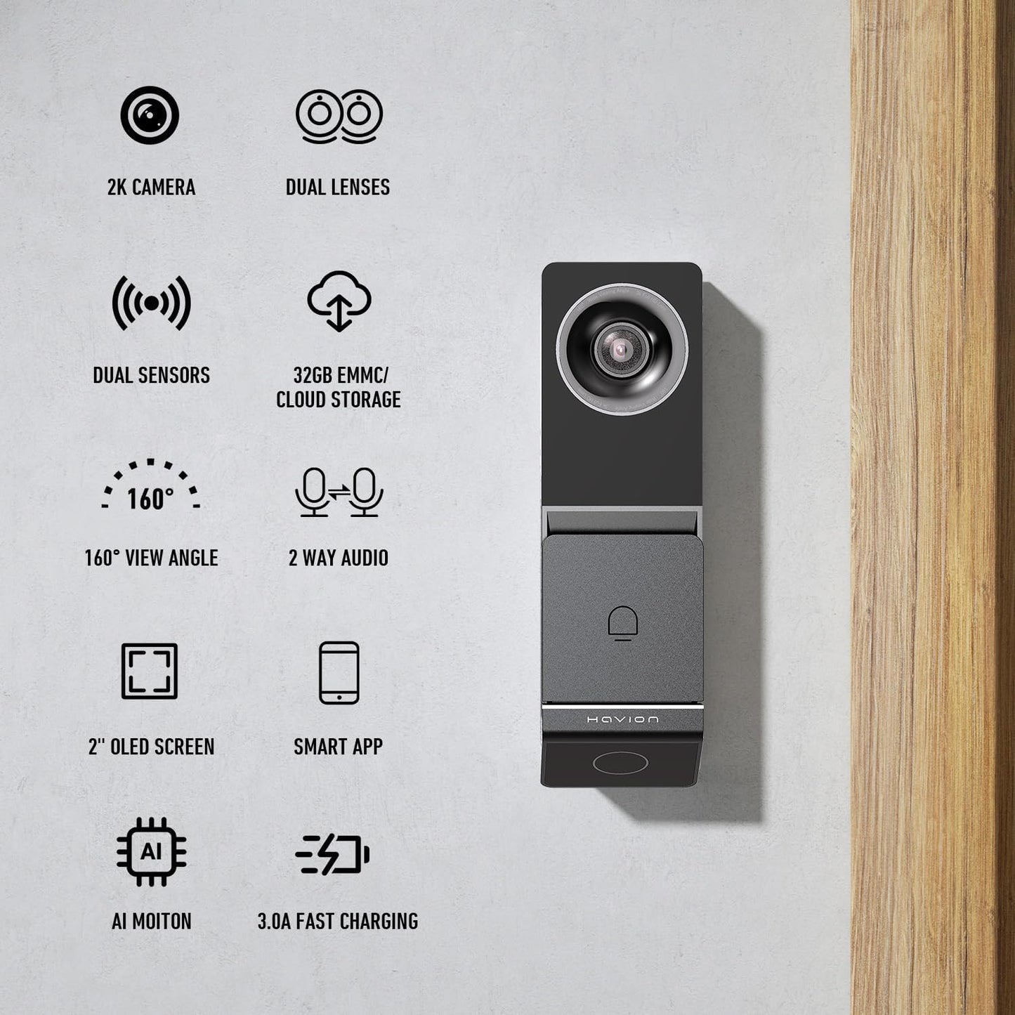 Havion D2 Wired Video Doorbell Camera - by NIU Inno., Incl. Chime, Dual Cameras, 5MP 3K QHD, 2'' Screen, 32GB eMMC, AI Motion Detection Real-time Alerts, 2-Way Audio, Battery & Wired Power Optional