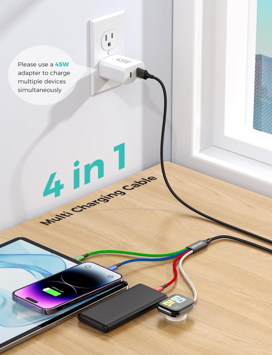 Travel Essentials,4 in 1 for Apple Watch Charger/iPhone Charger/Multi Charging Cable,Vacation RV Camping Essentials,USB C/L/Micro Portable Charger for iWatch 11-1/iPhone 17-12,Car&Gift-4FT