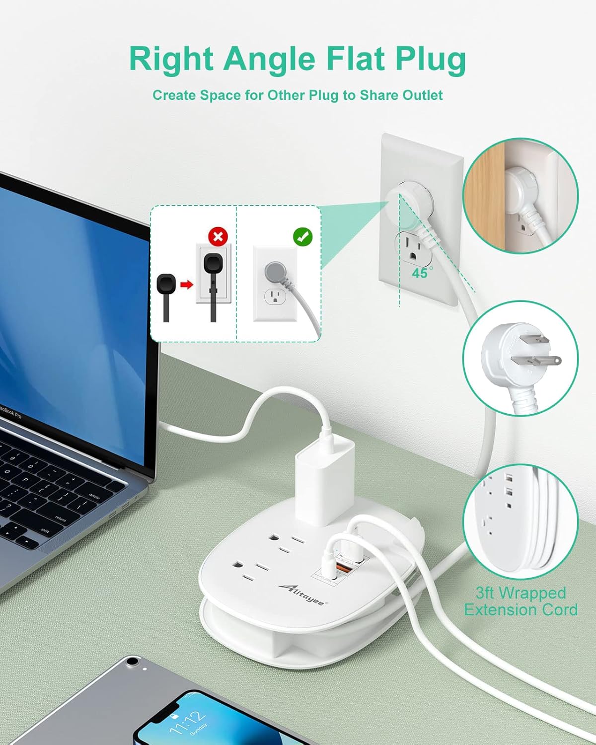 Alitayee 20W USB C Power Strip with 3 Outlets and USB C Fast Charging for iPhone, QC 3.0 Charger, Flat Plug and 3ft Wrapped Around Extension Cord for Cruise Travel Home Office Dorm