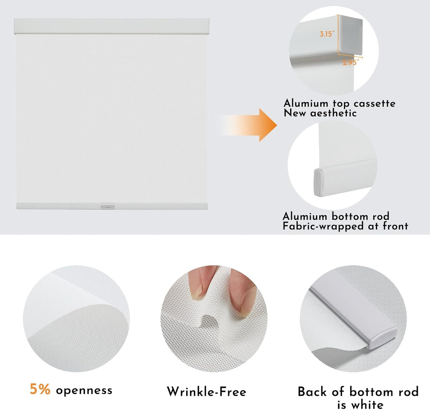 Persilux Free-Stop Cordless Solar Shades for Windows Shades Light Filtering Roller Shades (White, 20" W x 72" H) 5% Openness UV Protection Flame Retardant View Through Roller Blinds for Windows, Home