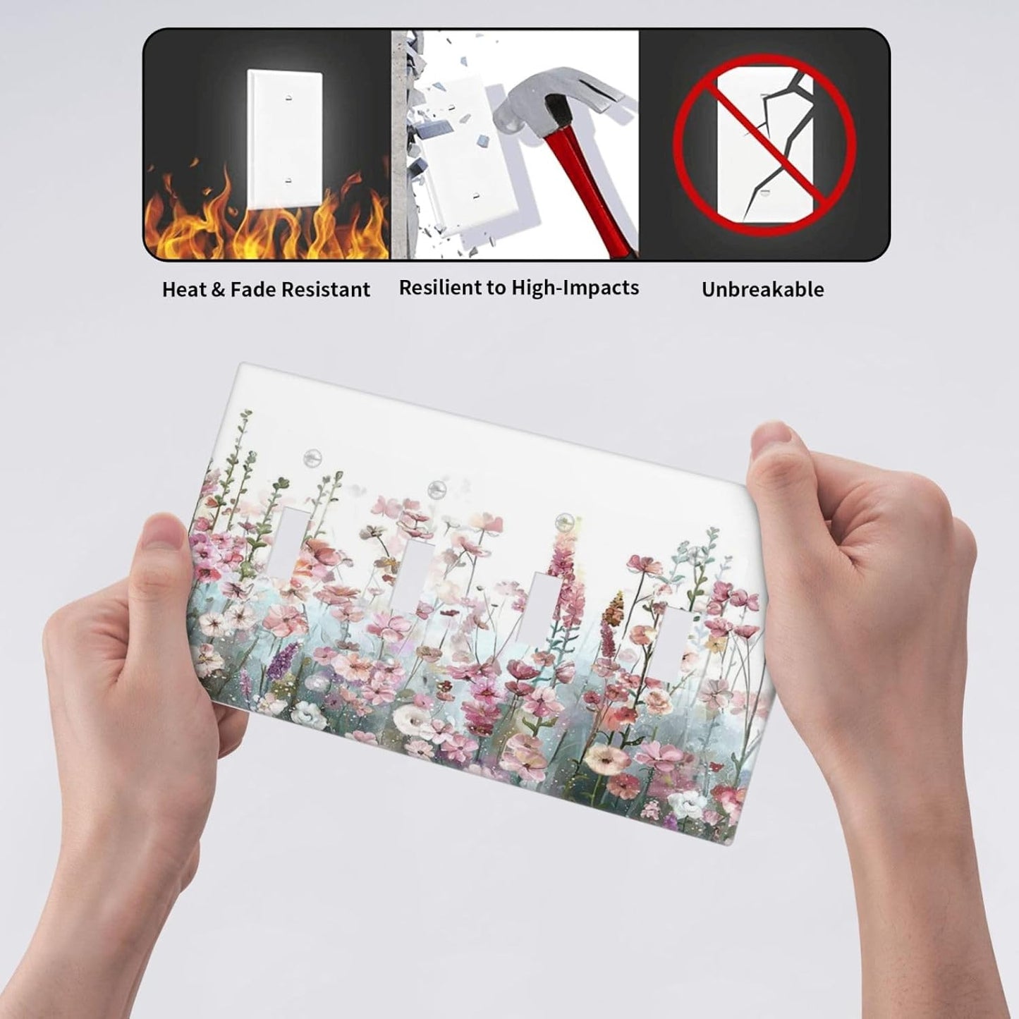Colorful Flowers Pink Floral Watercolor Plant Light Switch Covers Quad Toggle Electrical Faceplate 4 Gang Wall Plate Decorative Switch Plates for Bed Room Living Room Decor
