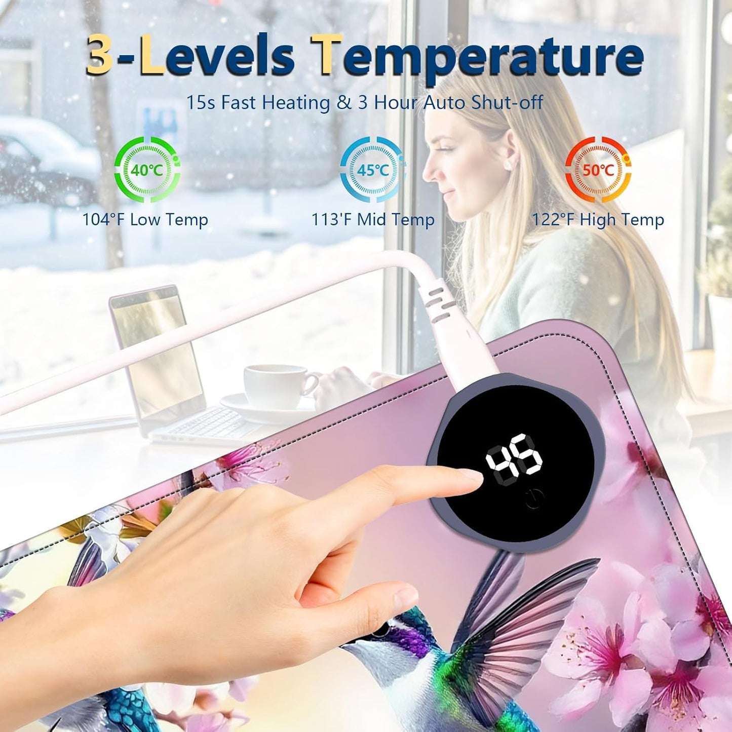 Heated Mouse Pad with 3 Temperature Settings(104°F–122°F),Large 24x14.2 Inch PU Leather Heated Desk Mat,Waterproof Warming Pad for Office,Gaming & Cold Hands Relief,Hummingbirds Flowers