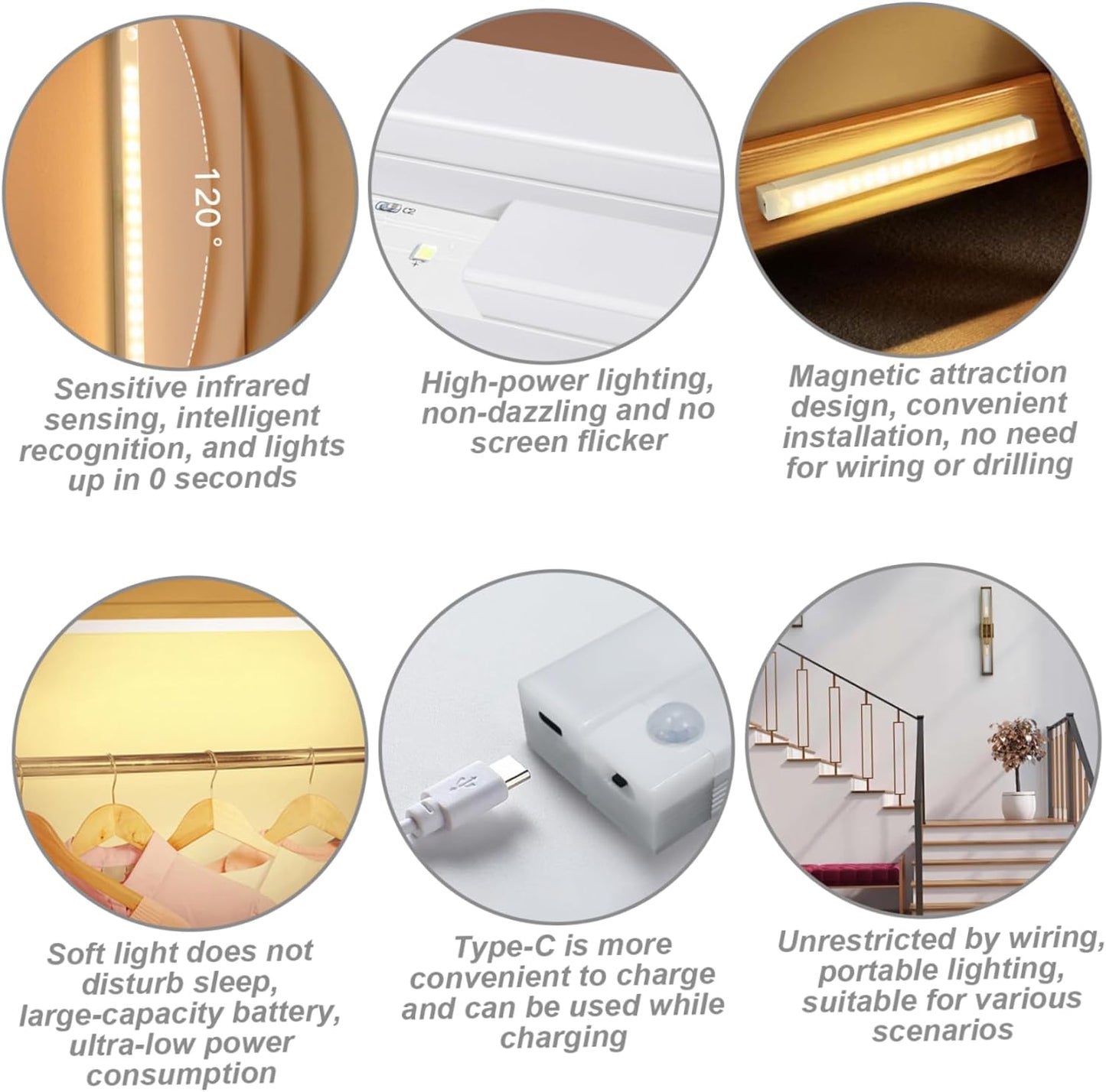 Under Cabinet Lighting 4Pcs LED Dimmable Magnetic Motion Sensor Light Indoor 8 Inch Rechargeable Portable Cordless Lamp for Kitchen Stairs Bedroom RV Dorm