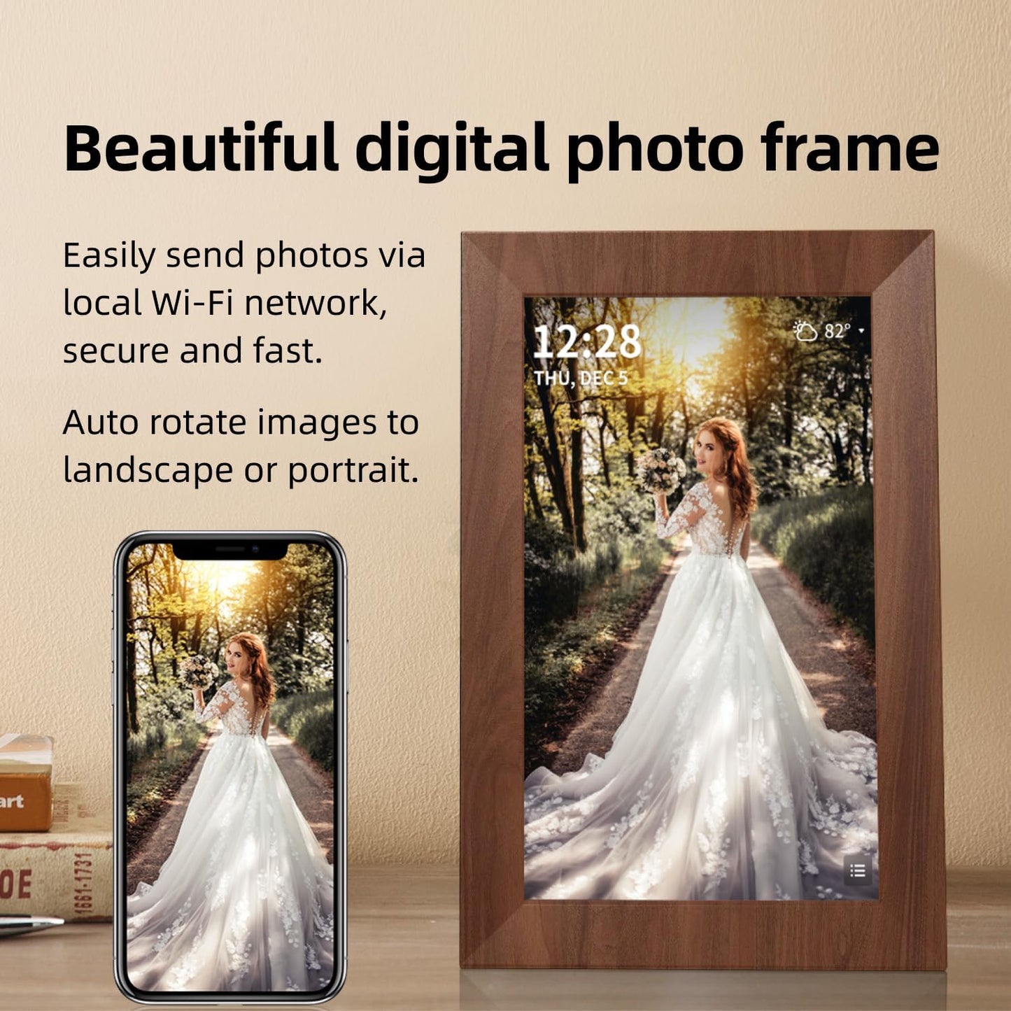 10.1 Inch Smart Wi-Fi Digital Calendar (Wood Grain) - Displays Your Photos, Wi-Fi Sync with Google Calendar, Wide Angle HD View