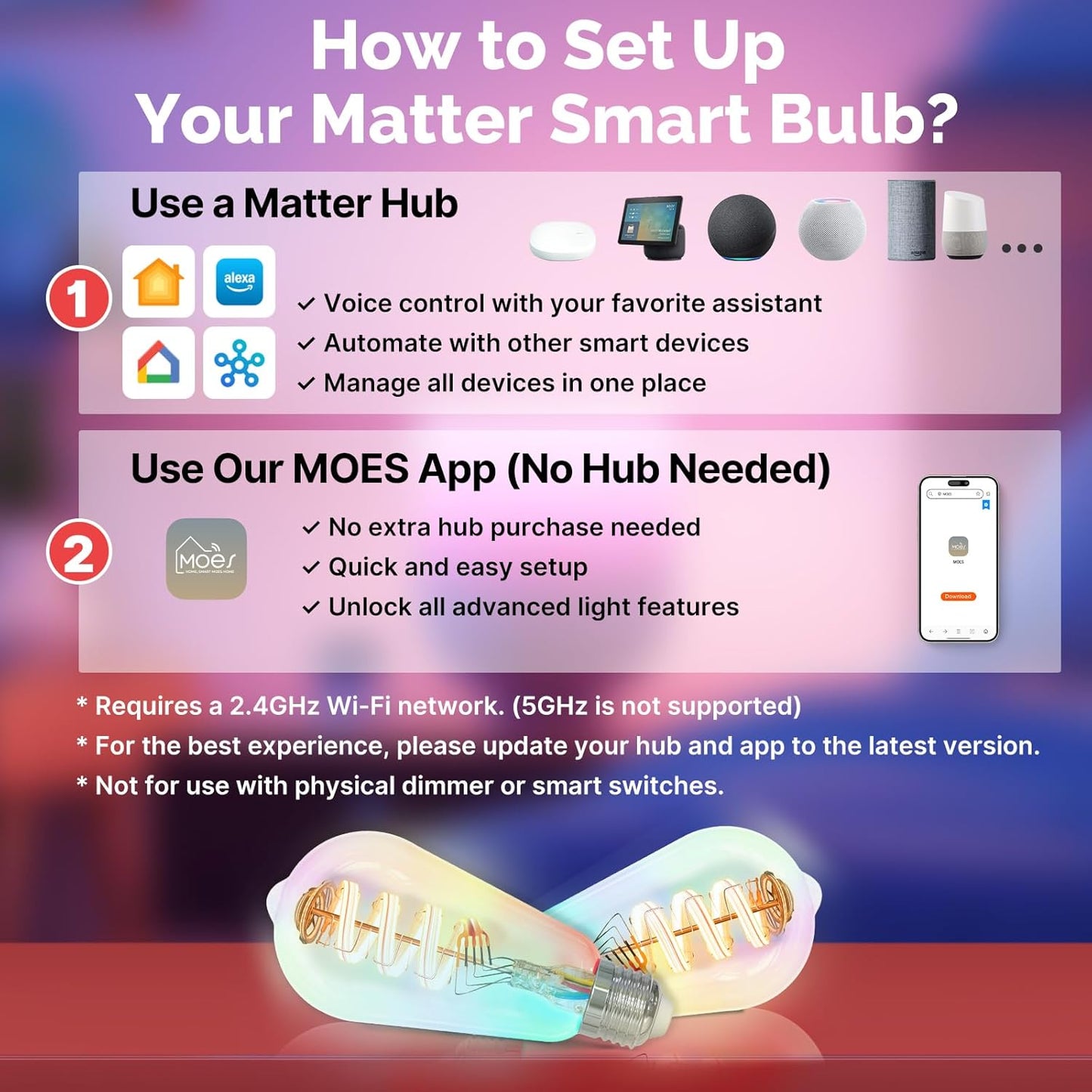 MOES Matter WiFi ST64 Edison Smart Bulbs, Color Changing Light Bulb, 16 Million RGB Colors & Tunable White, Works with Apple Home, Alexa, Google Home, E26 Dimmable 5W (40W Equivalent), 2-Pack