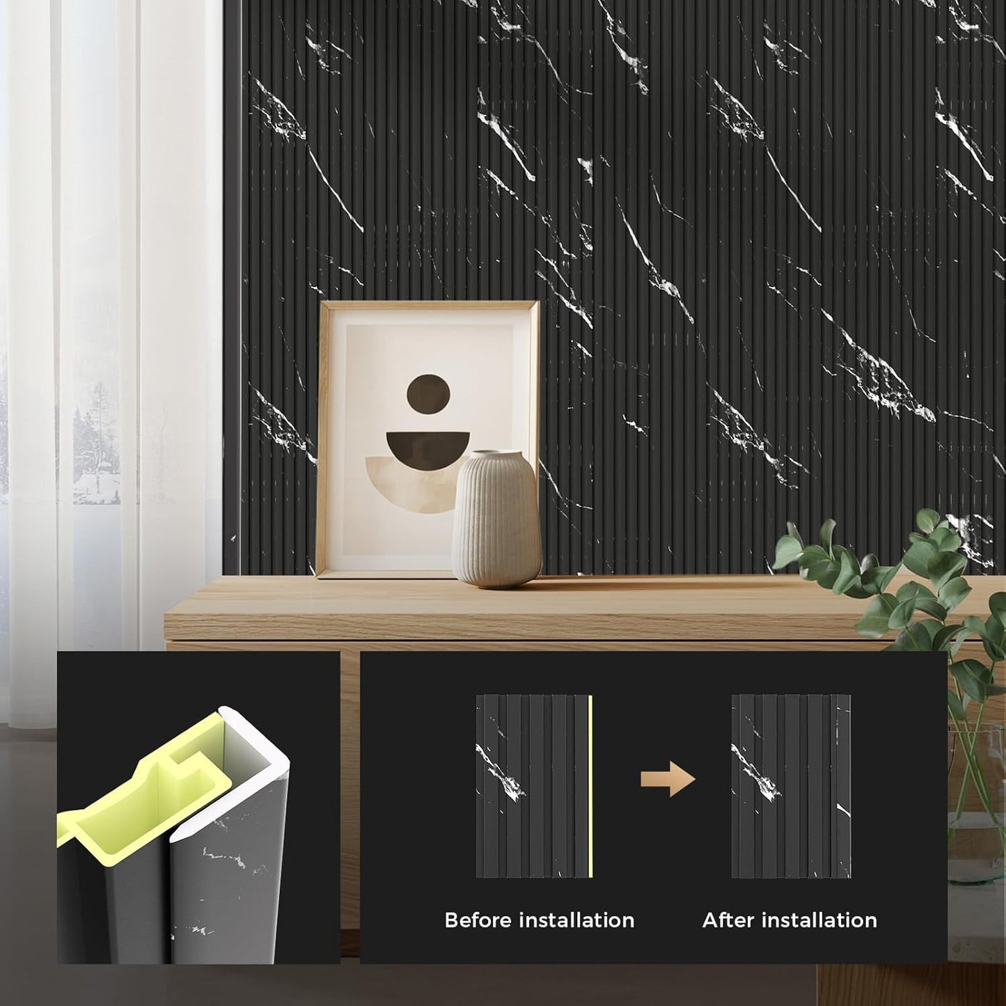 OUZUGIE 8-Pack 57 Inches, WPC Slat Wall Panel Trim,Corner Guard for Low Grille (Black Marble-1)