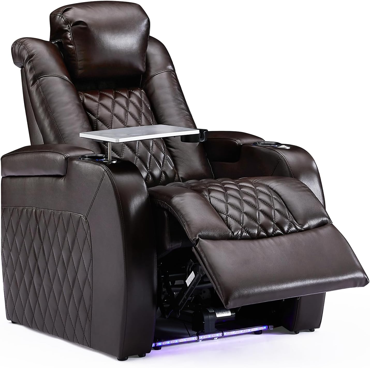 Weilianda Home Theater Seating Top Grain Leather Zero Gravity Recliner Chair Power Headrest Recline Movie Seat Gaming 7 Colors Mood Light Sofa with Tray Table USB Charge Row of 1 Brown