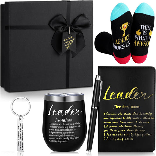 6 Pcs Great Leaders Gifts for Men Boss Manager PM Mentor Supervisor Gifts 12 oz Stainless Steel Cup Socks Keychain Pen Notebook Box for Appreciation Retirement Farewell Gift