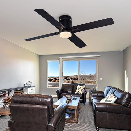 52 Inch Flush Mount Low Profile Ceiling Fan with Light and Remote Control, Reversible 4 Dual Finish Wood Blades, Indoor/Outdoor Ceiling Fan for Patio, Living Room, Bedroom