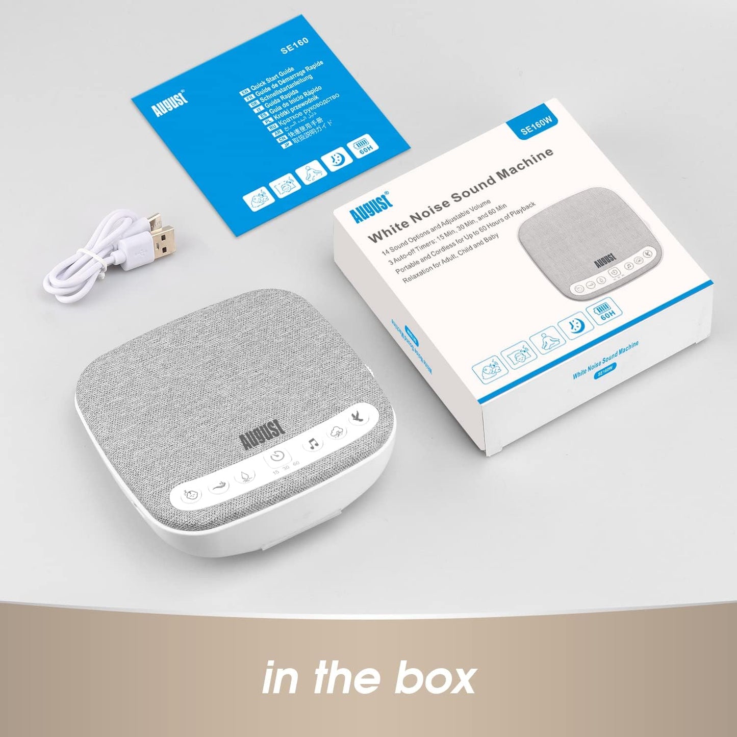 Portable White Noise Sound Machine - August SE160 - Calming, Ambient Sleep Therapy - 14 Soothing Sounds for Babies, Children, Adults - Sleep Aid with Timer - 60-Hour Battery - USB-C Charging - White