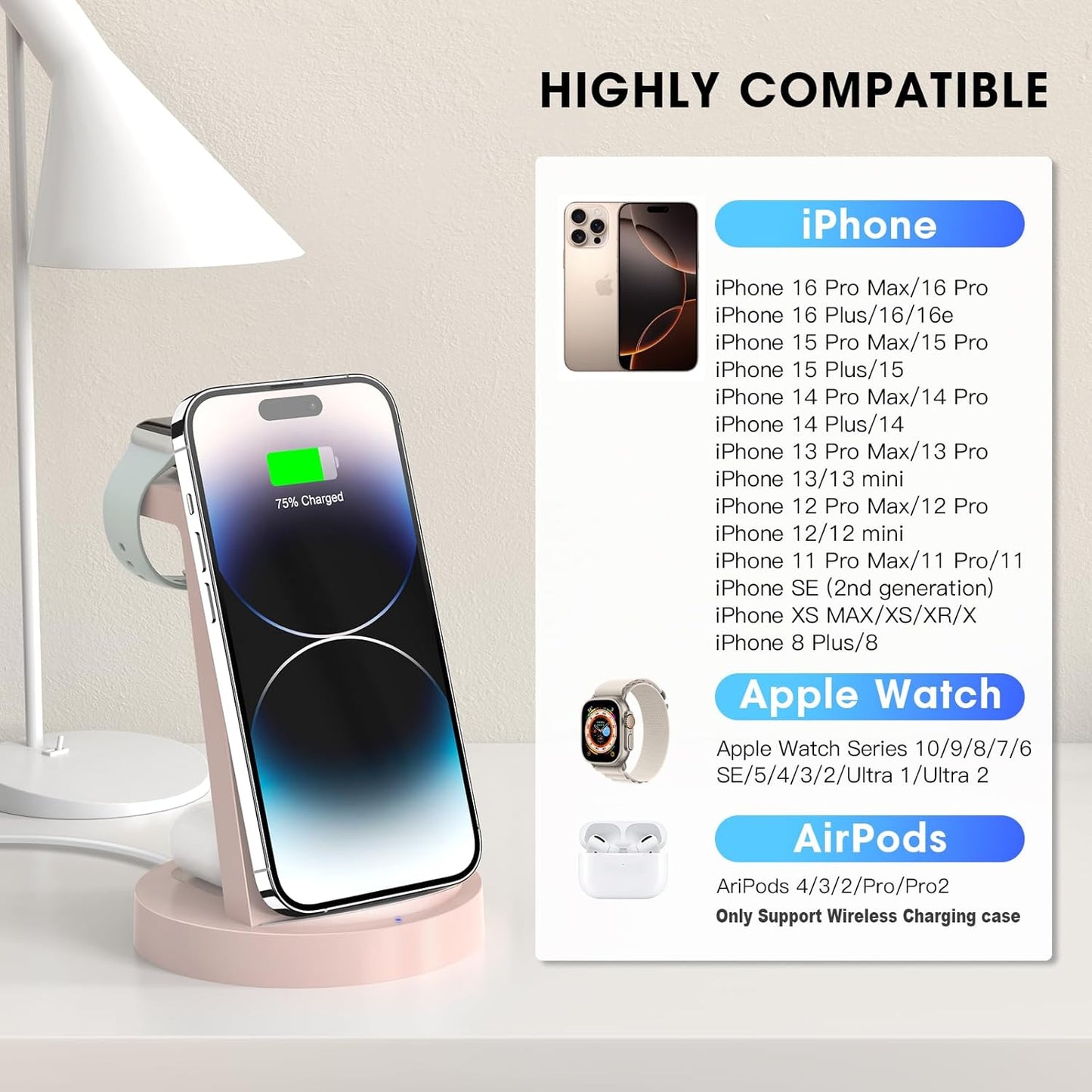 Anlmz 3 in 1 Charging Station for iPhone, Wireless Charger for iPhone 17 16e 16 15 14 13 12 11 X Pro Max & Apple Watch - Charging Stand Dock for AirPods (Pink)