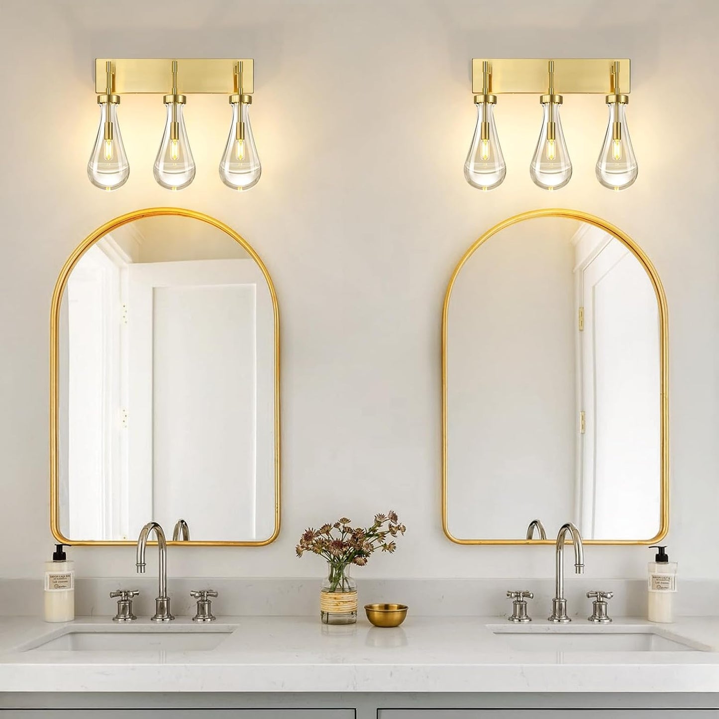 Raindrop Wall Sconces Gold Crystal Sconces Wall Decor Modern Lighting Glass Bathroom Sconces Indoor Vanity Light Wall Lamp for Bedroom Living Room Stair(3-Light)