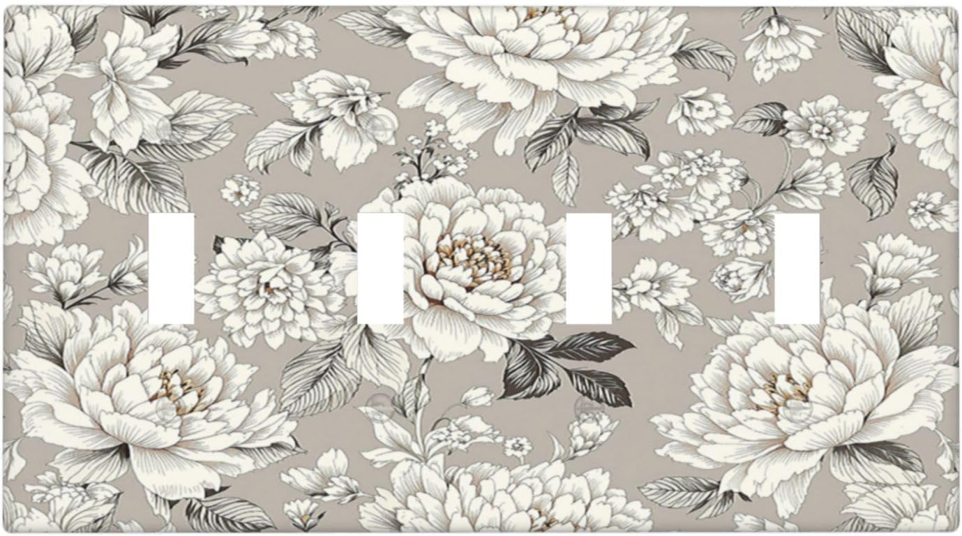 White Poppies Floral Modern Grey Peonies Flowers Light Switch Covers Quad Toggle 4 Gang Wall Plate Decorative Switch Plates Electrical Faceplate for Bedroom Bathroom Decor
