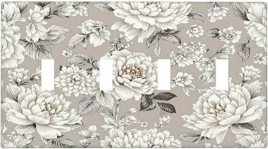 White Poppies Floral Modern Grey Peonies Flowers Light Switch Covers Quad Toggle 4 Gang Wall Plate Decorative Switch Plates Electrical Faceplate for Bedroom Bathroom Decor