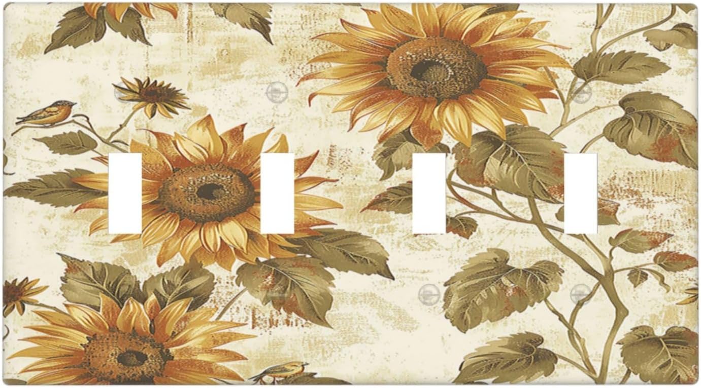Light Switch Covers Rustic Sunflower Floral Pattern Quad Toggle Electrical Faceplate 4 Gang Wall Plate Decorative Switch Plates for Bedroom Cabin Decor