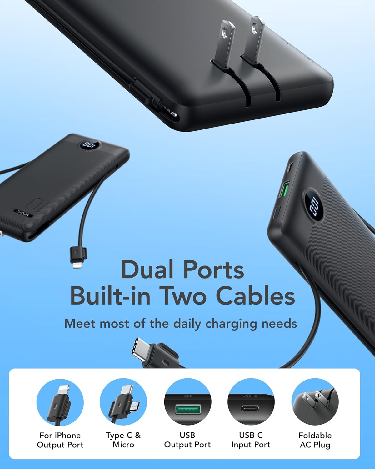 VRURC Portable Charger with Wall Plug, 10000mAh Slim Portable Charger Built in Cables,PD 20W Fast Charging Power Bank with Cords,USB C Portable Phone Charger Travel Accessories -Black(1 Pack)