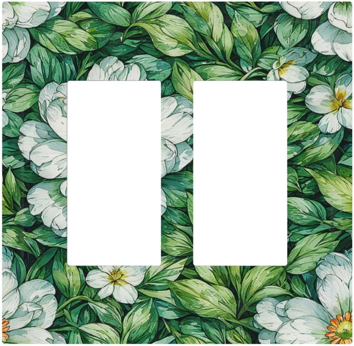 Vintage Floral White Flowers Green Plants Leaves Decorative Outlet Covers 2 Gang Double GFCI Rocker Light Switch Cover Plate Electrical Wall Panels for Bedroom Bathroom Decor
