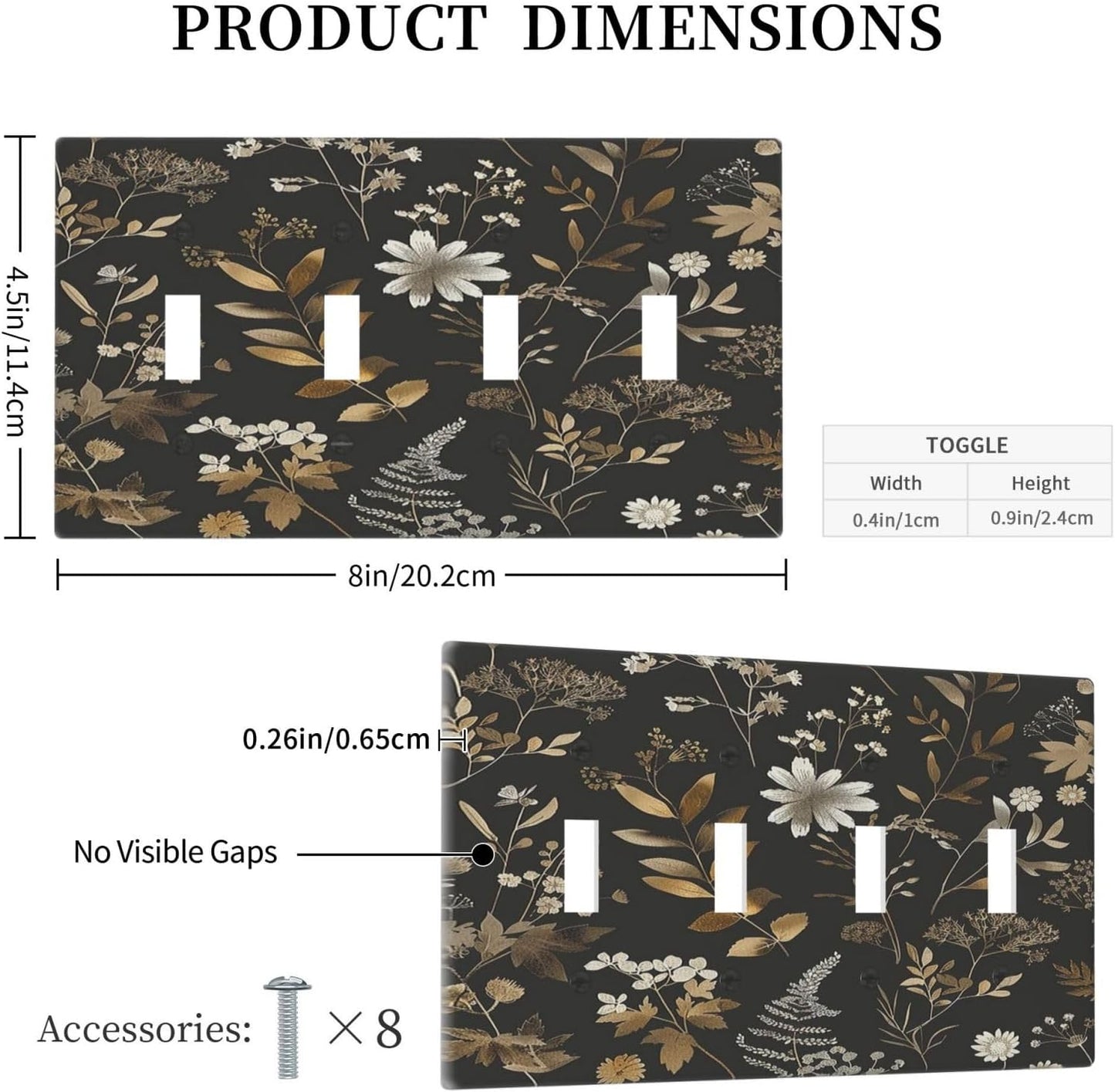 Light Switch Covers Black Gold Floral Dark Leaves Vintage Flowers Quad Toggle Electrical Faceplate 4 Gang Wall Plate Decorative Switch Plates for Bed Room Home Decor