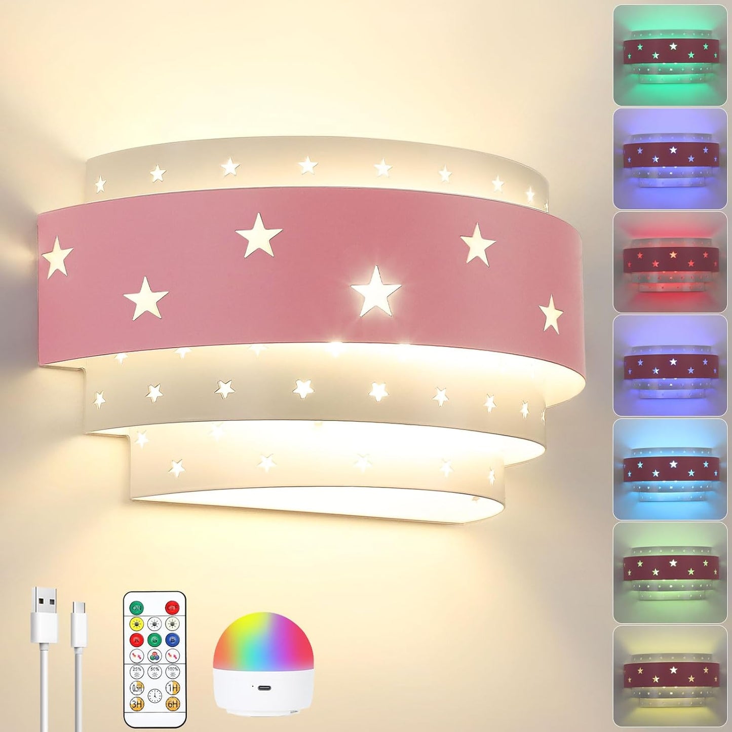 Lightess Pink Wall Sconce Battery Operated for Girls Room, LED Dimmable Wall Light Star, Cordless Wall Lamp for Children Bedroom Decor