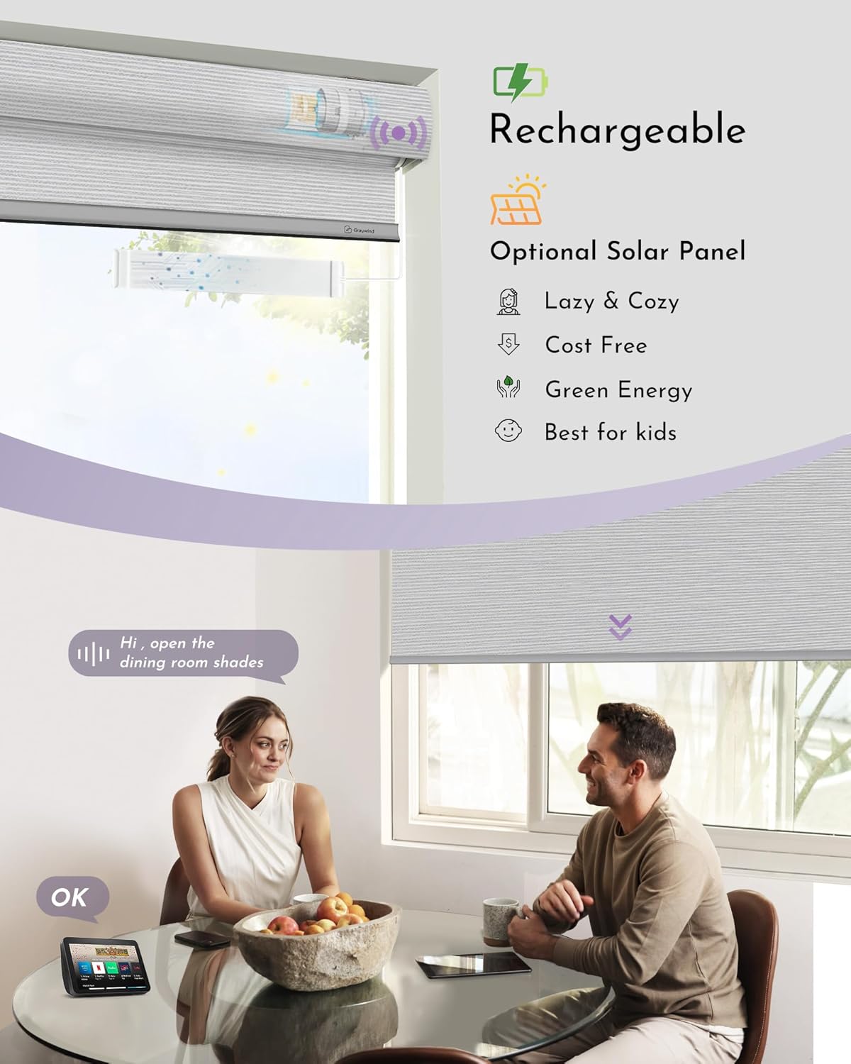 Graywind Smart Blackout Roller Shades Compatible with Alexa Google Textured Gleaming Fabric Rechargeable Motorized Blinds Cordless Remote Control Window Shades, Custom Size (Striped Light Grey)