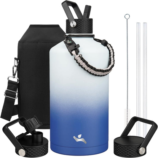 Gallon Insulated Water Bottle with Straw,128 oz 3 Lids Water Jug with Carrying Bag,Paracord Handle, Double Wall Vacuum Stainless Steel Metal Flask,Sky