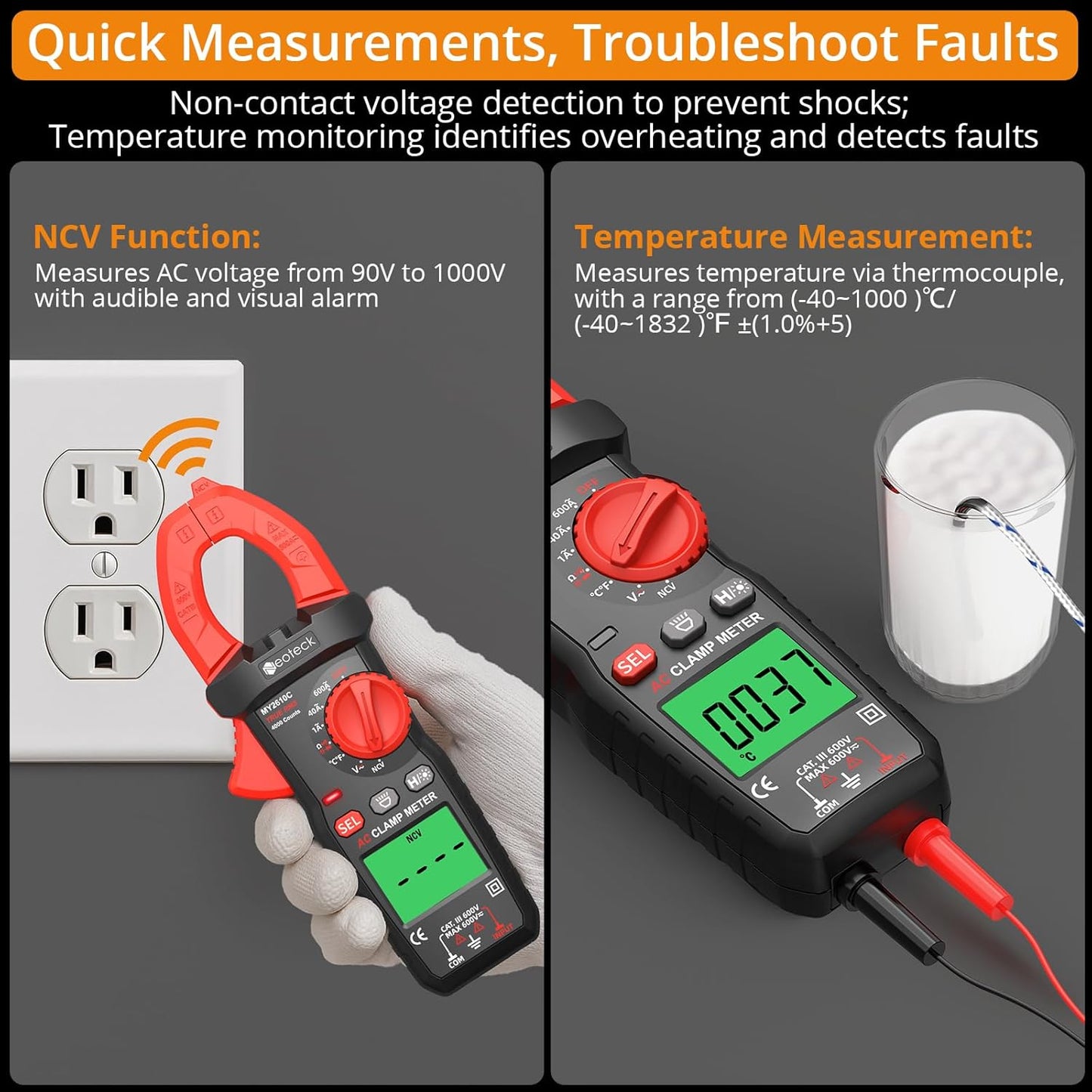 Neoteck Clamp Meter 4000 Counts Amp Meter for TRMS AC Current AC/DC Voltage 600A Auto Range Digital Multimeter with Capacitance Continuity Resistance NCV Diode Test for Car Electric Cabinet