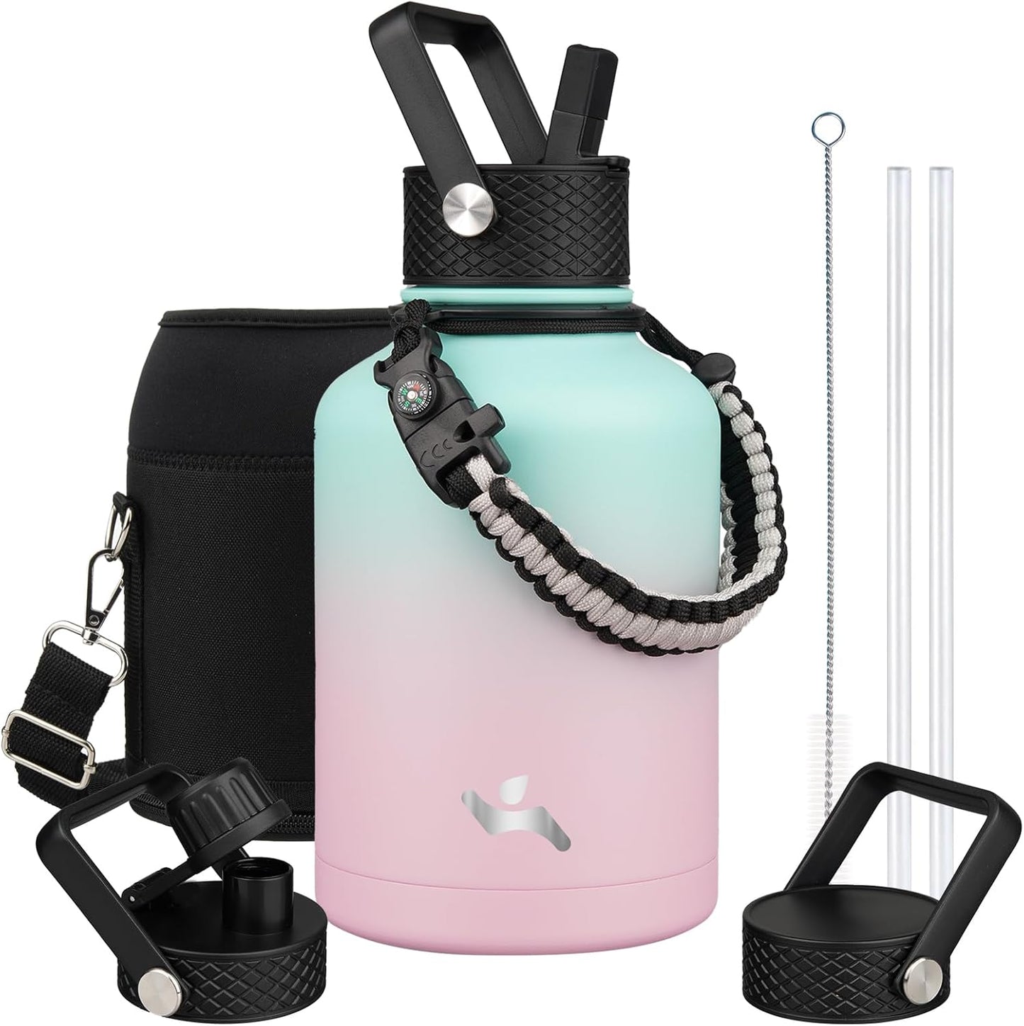 Insulated Water Bottle with Straw,50 oz 3 Lids Water Jug with Carrying Bag,Paracord Handle,Double Wall Vacuum Stainless Steel Metal Flask,Gum